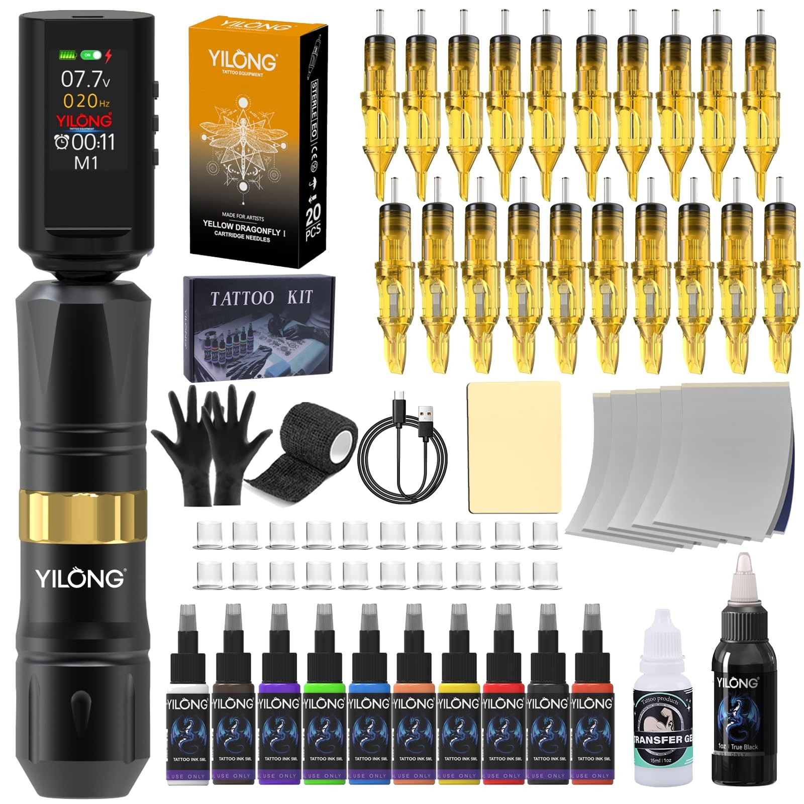YILONG Wireless Tattoo Gun Machine Kit, Rotary Kit with Black-B