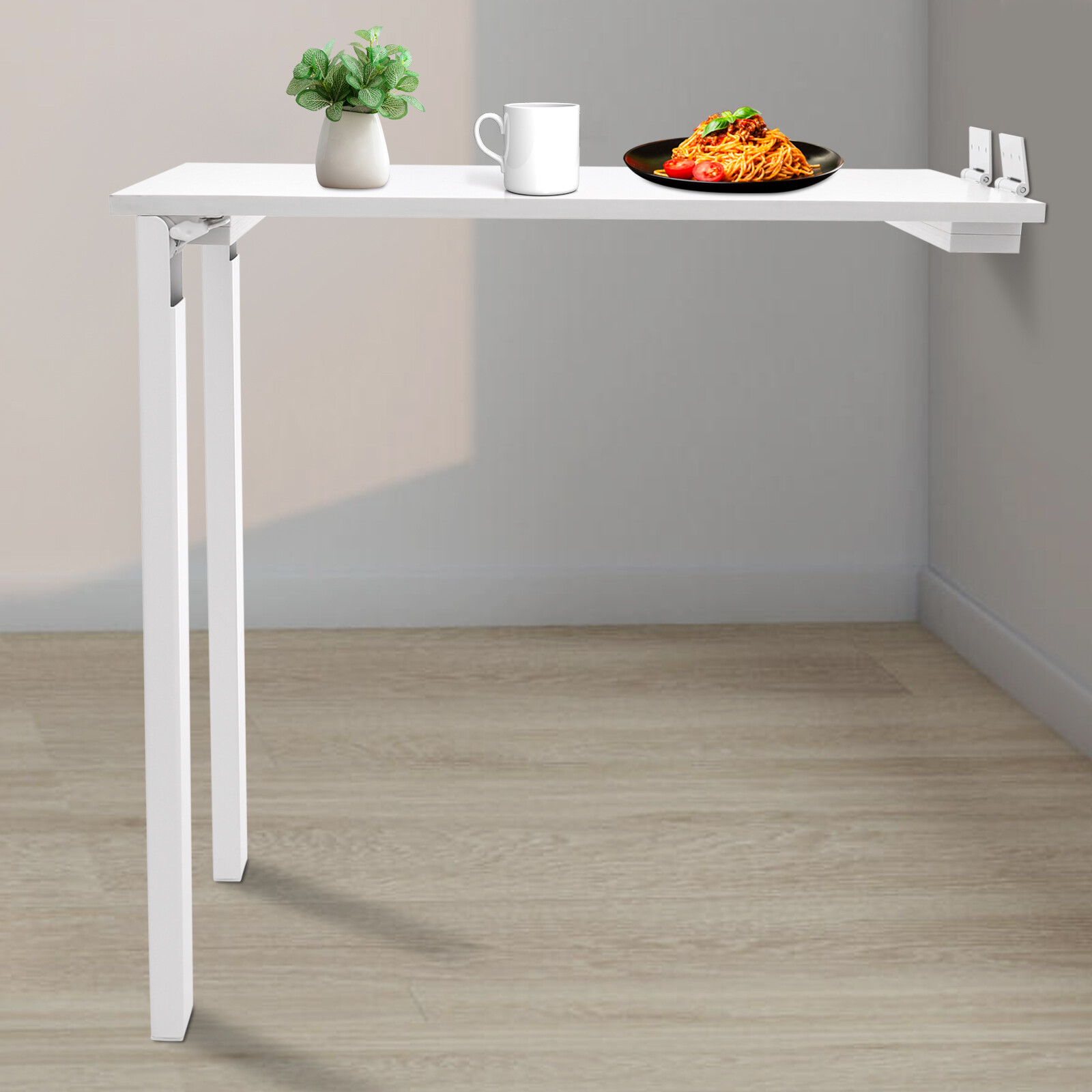 New L-Shape Modern Wall Mounted Foldable Table Wood Folding Dining Table White