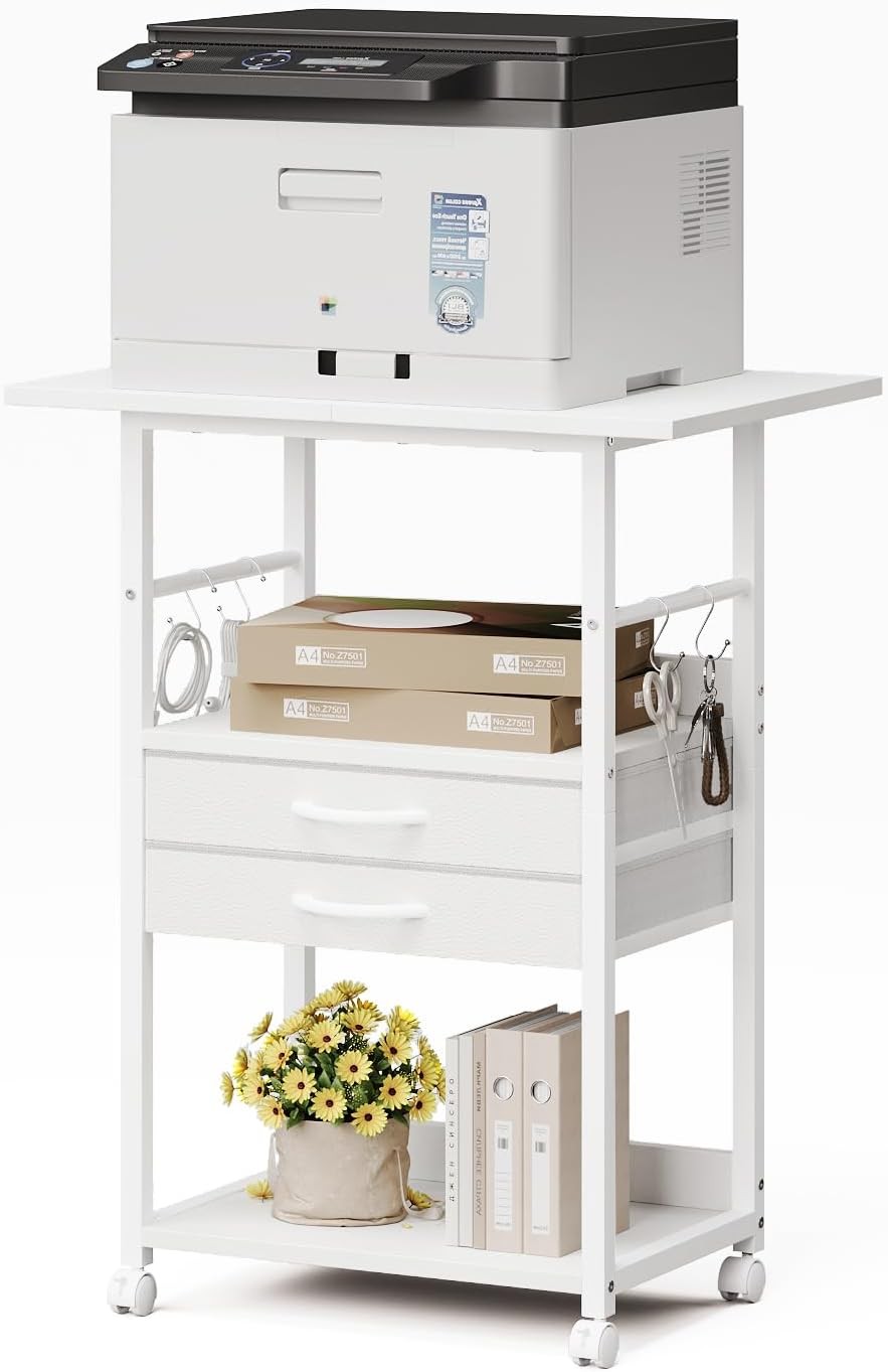 Large Printer Stand W/ Storage Fabric Drawer Under Desk Printer Table W/ Wheels