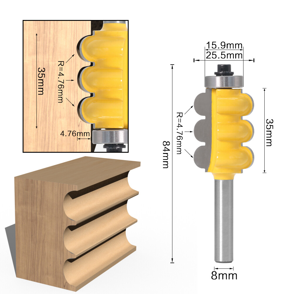 2pcs 8mm Shank Triple Bead & Triple Flute Large Molding Router Bits Set Cutter