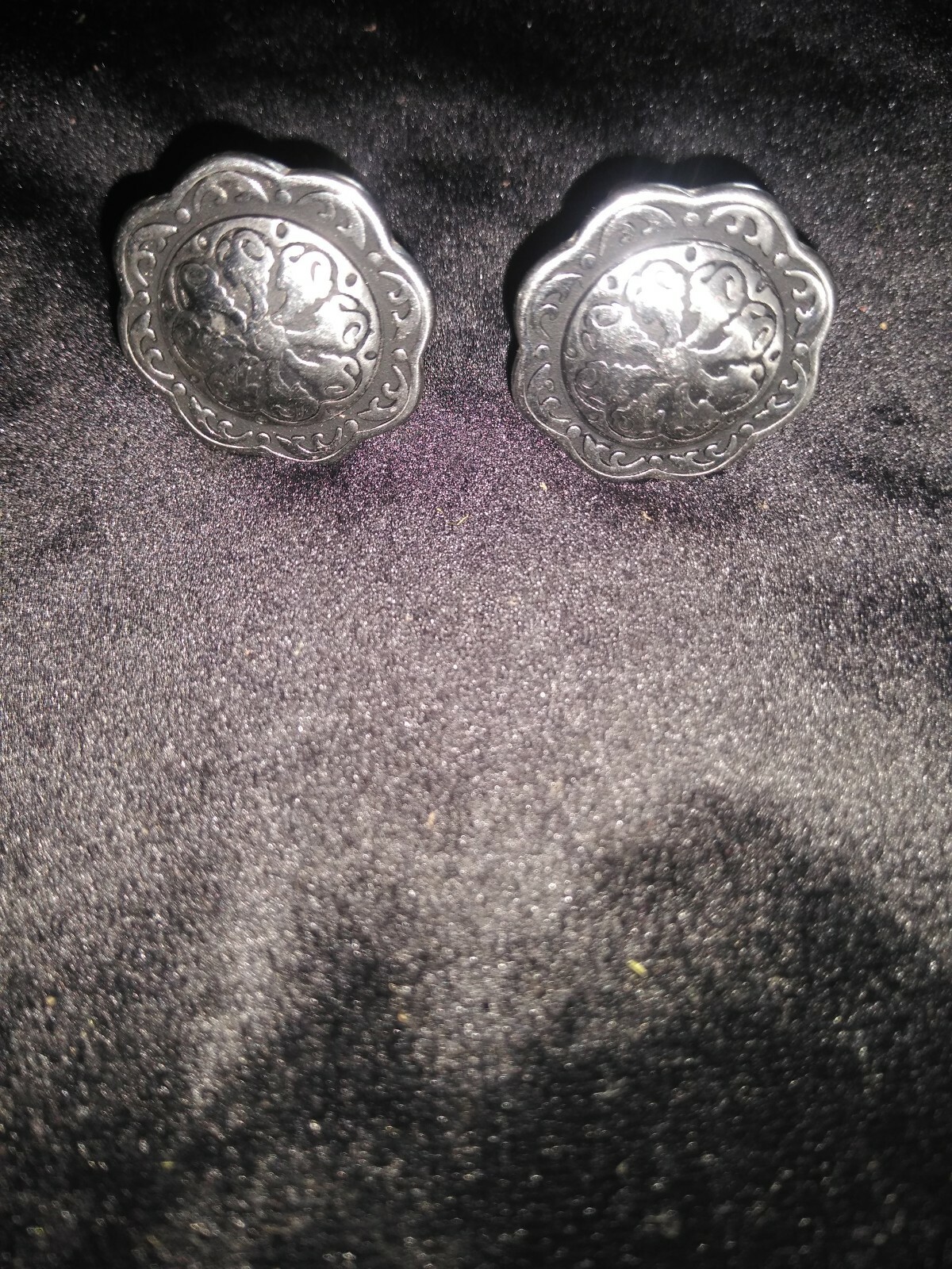 Saddle screw in conchos. 1 pair new 1 in dia length 1 1/4 stamped horseshoe.