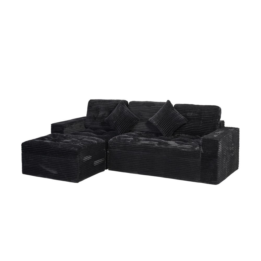 Modular Cloud Sectional Sofa 105" w/ Ottoman, All-Foam, Faux Fur, Black