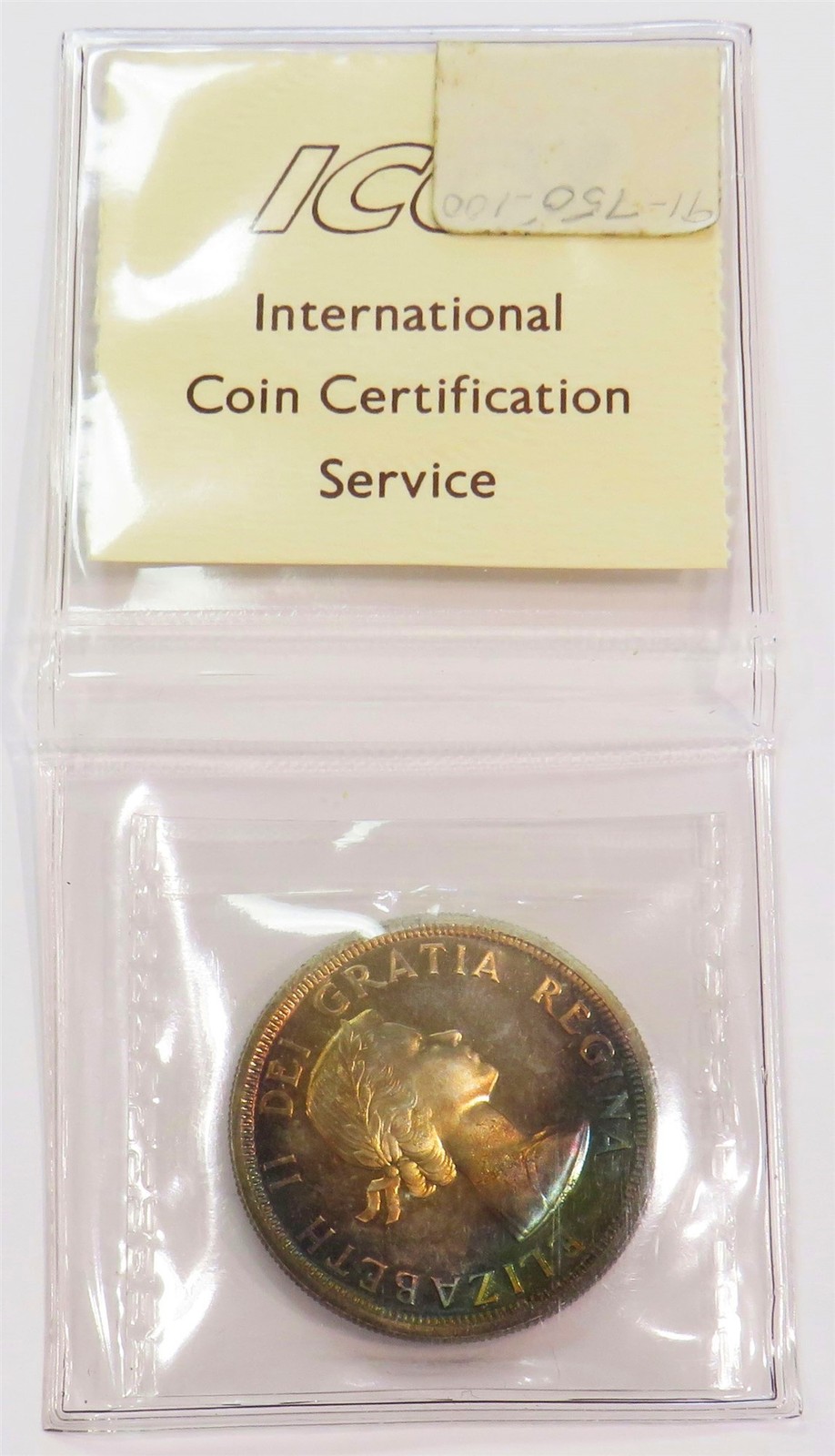 1954 CANADA SILVER DOLLAR RAINBOW COLORS ICCS MINT STATE PROOF-LIKE 66