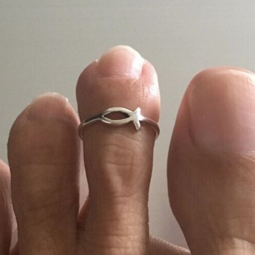 Solid Metal 925 Silver Women's Tiny Fish Adjustable Toe Ring White Gold Plated