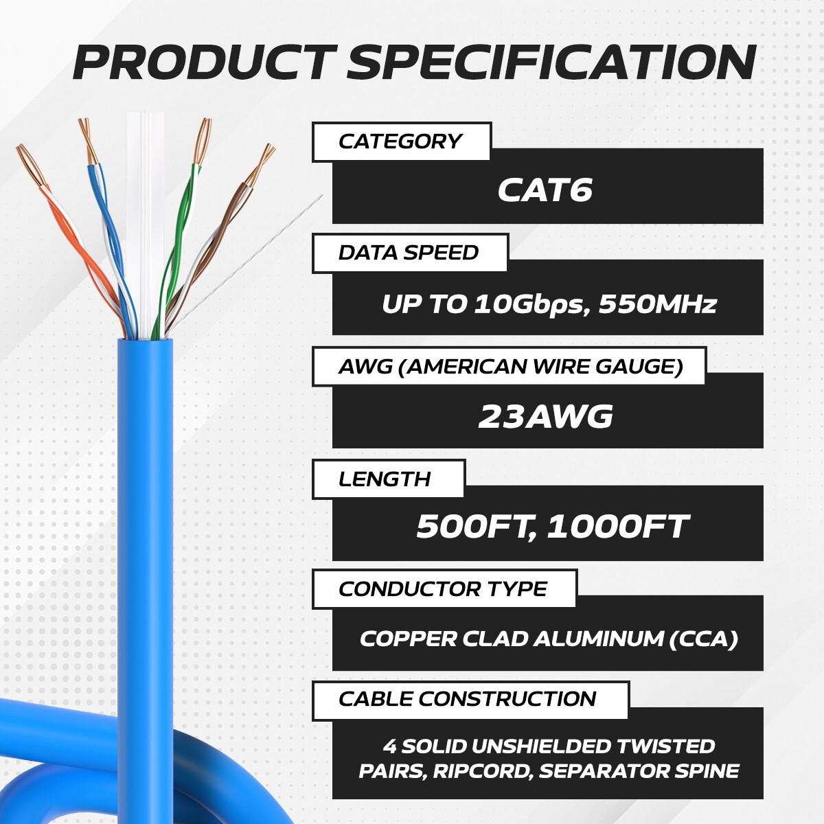 1000FT CAT6 UTP Ethernet Cable 23AWG 10 Gbps LAN Network Solid Bulk Wire Green