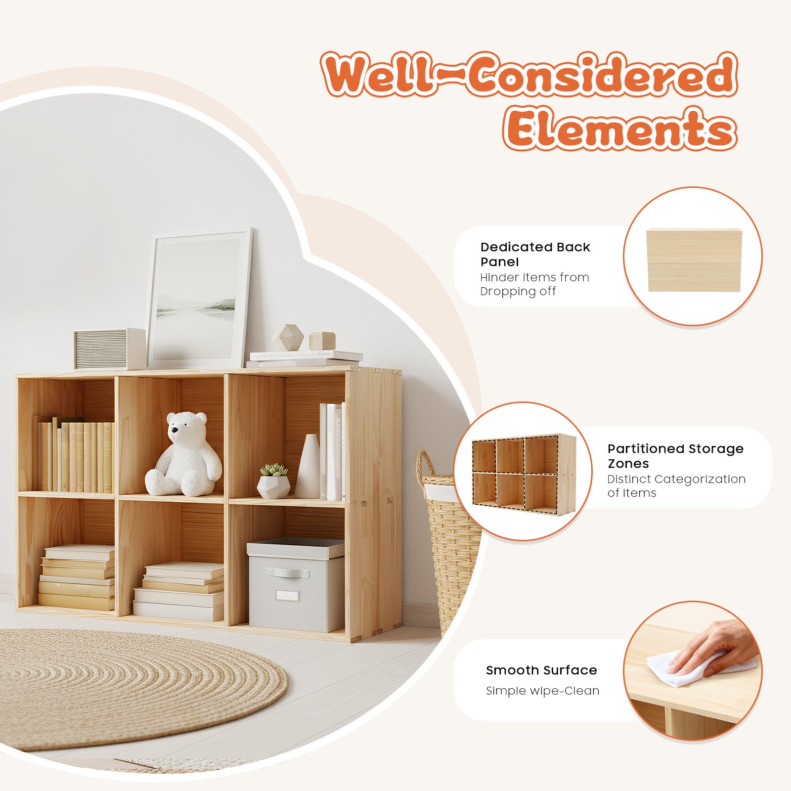Solid Wood Bookcase with 6 Cubes - Stylish Storage & Elegant Design