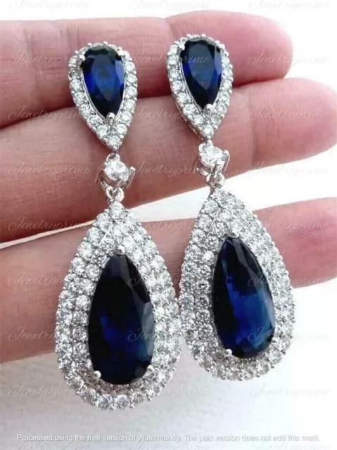 4Ct Pear Cut Lab Created Blue Sapphire Women Drop Earring 14K White Gold Plated