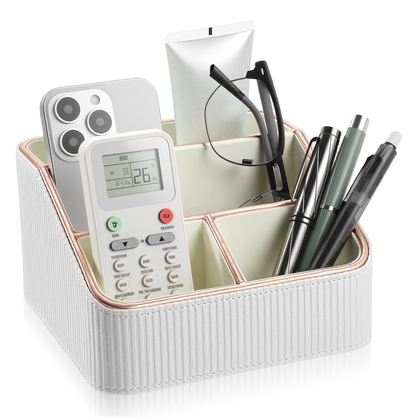 White PU Leather Remote Control Holder 4 Compartments Desk Organizer 1 PCS