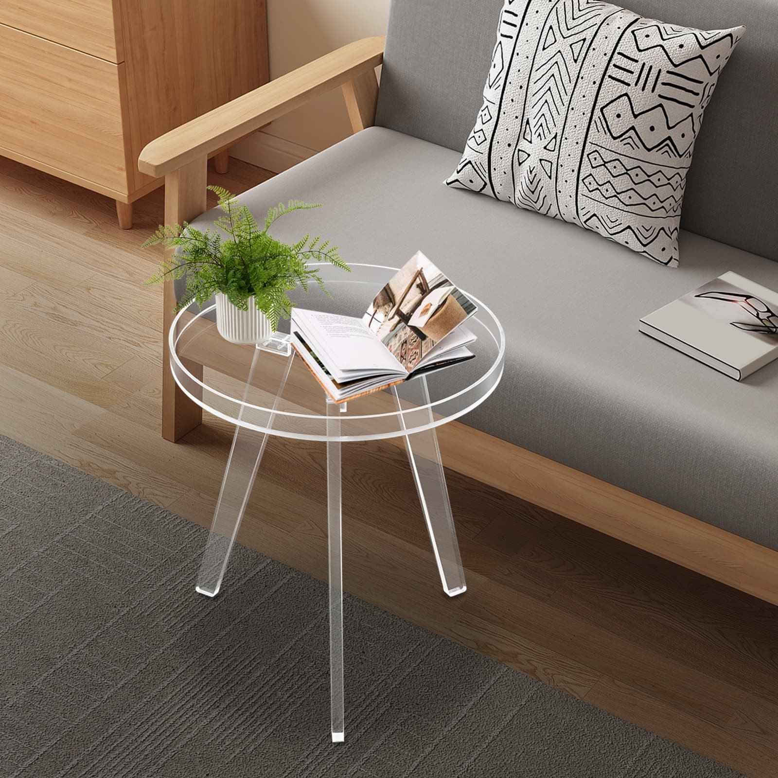 Clear Acrylic Side Table Round Ende Table Drink Table for Small Space 15.7"x18”