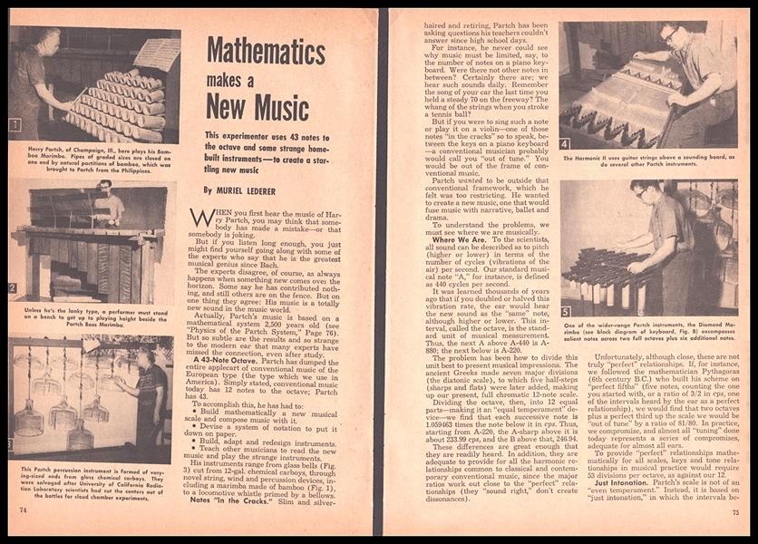 Harry Partch composer 1960 pictorial “Mathematics makes New Music” Theory