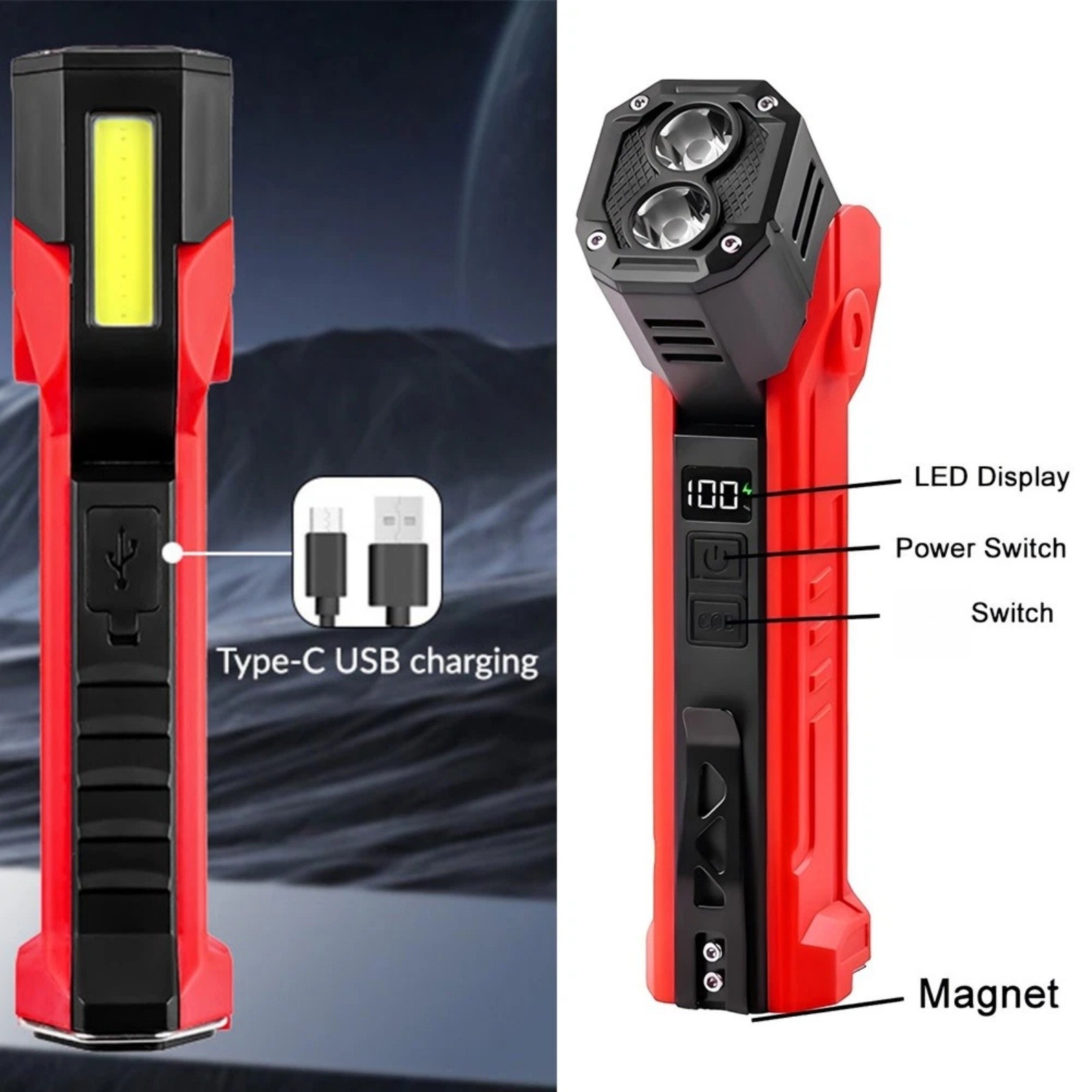 LED Work Light Magnetic Base 600LM Rechargeable Hands-Free Flashlight Lamp
