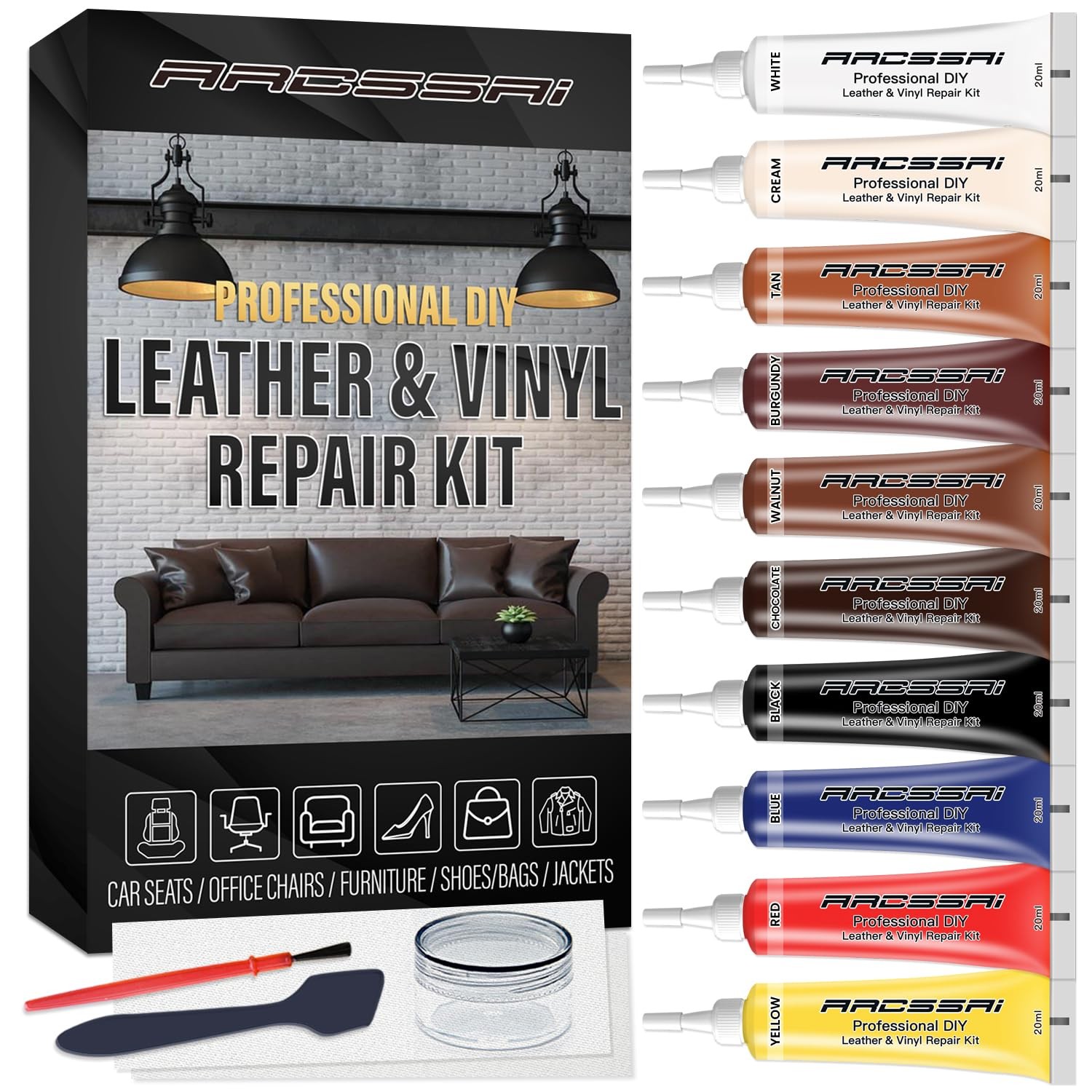 Leather Repair Kit for Furniture, Sofa, Jacket, 3 x 11 x 17 inches, 10 colors