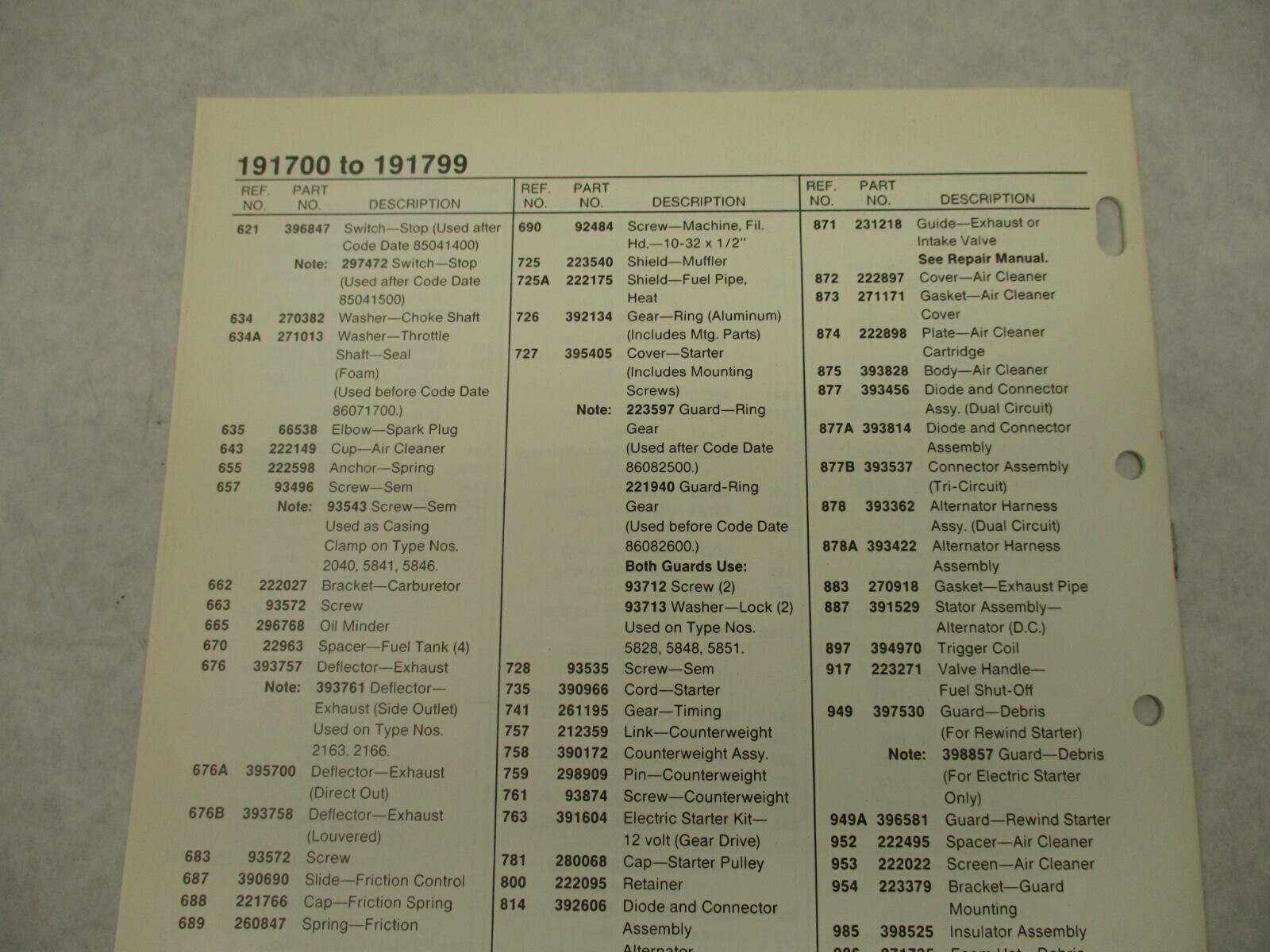 MS-8161-4/87 Briggs & Stratton Illustrated Parts List for Model 191700-191799