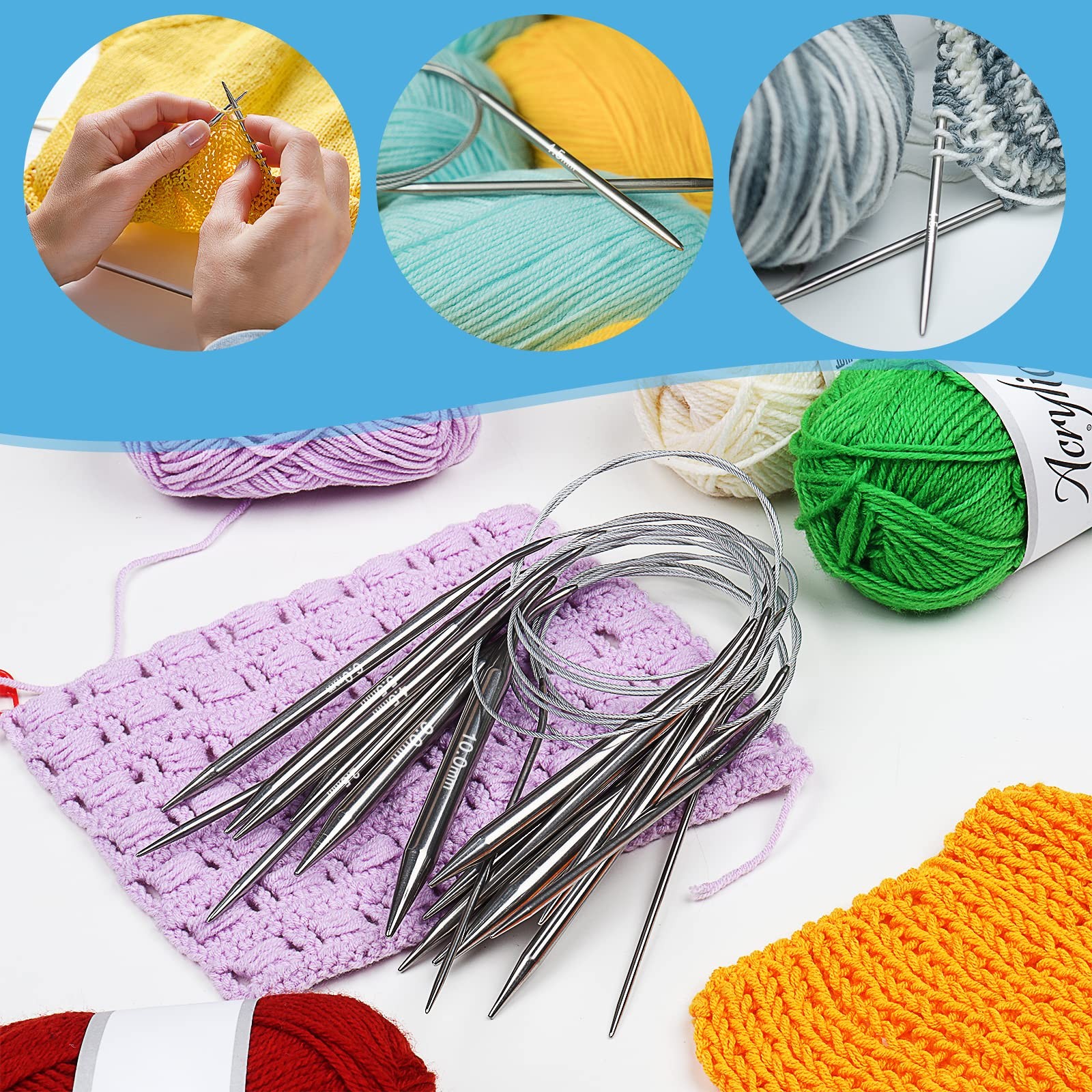 Aeelike Circular Knitting Needles Set, Stainless Steel Knitting Needles Round