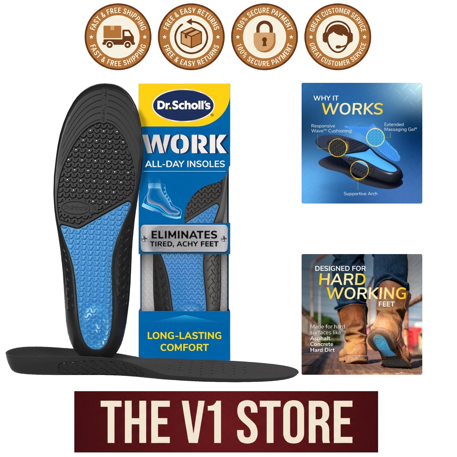 All-Day Comfort Insoles for Men with Massaging Gel - Trim to Fit & Odor Control