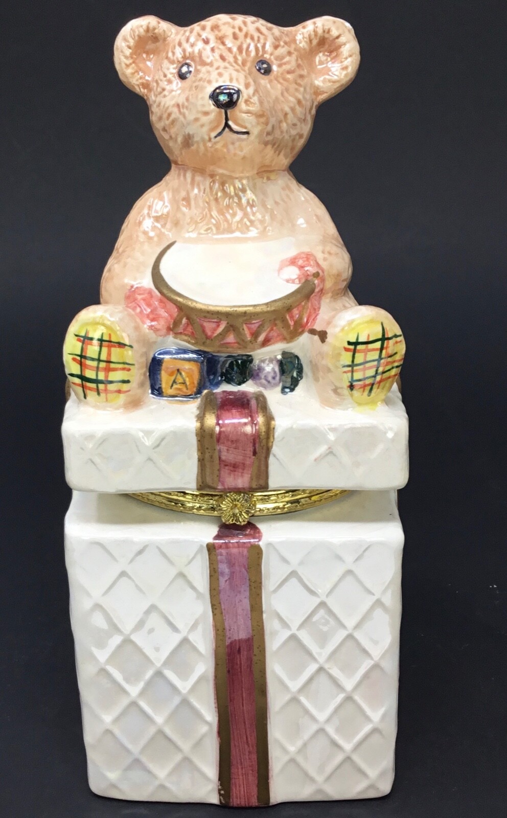 Teddy Bear w/ Drum Sitting on Ceramic Trinket Gift Box 7.5" X 3" New Without Box