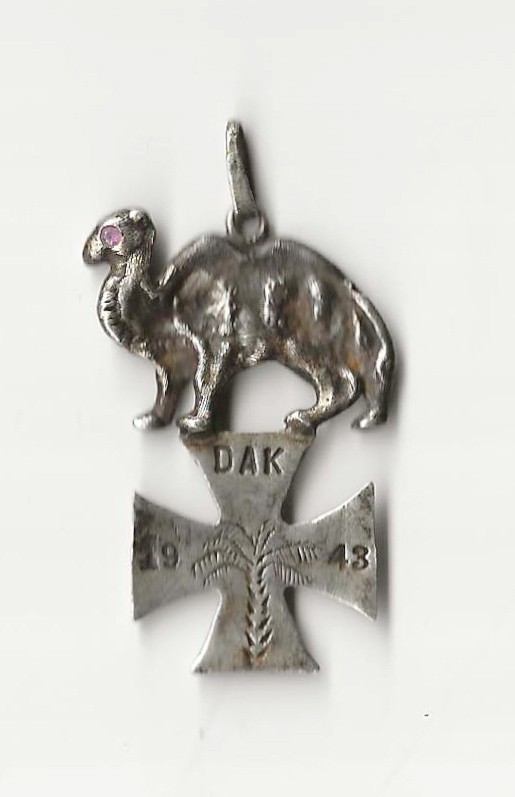 WW2 GERMAN AFRIKA KORPS DAK  SOLDIER SOUVENIR TRENCH ART "IRON CROSS" AND CAMEL
