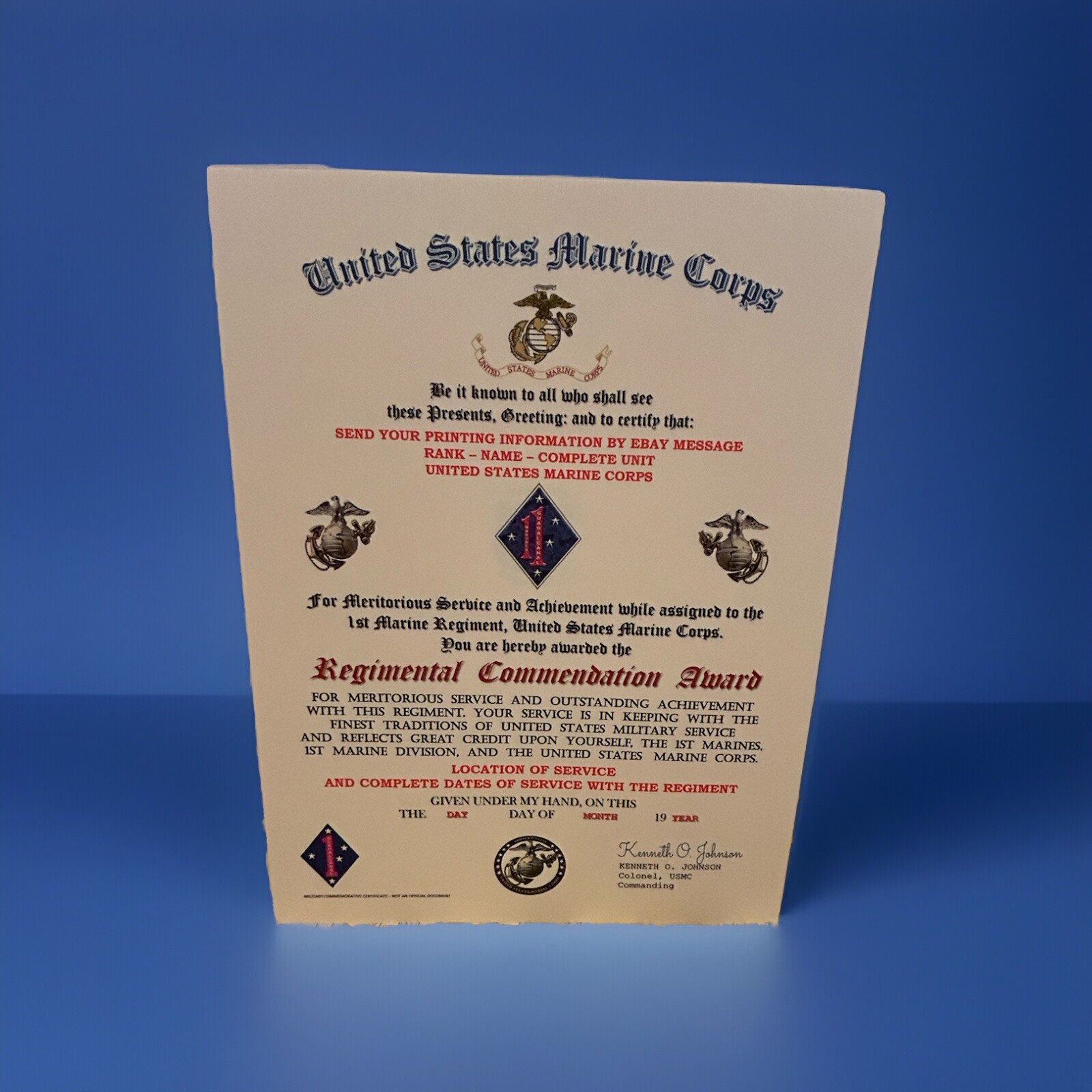 U.S.M.C. / 1ST MARINE REGIMENT - REGIMENTAL COMMENDATION AWARD CERTIFICATE