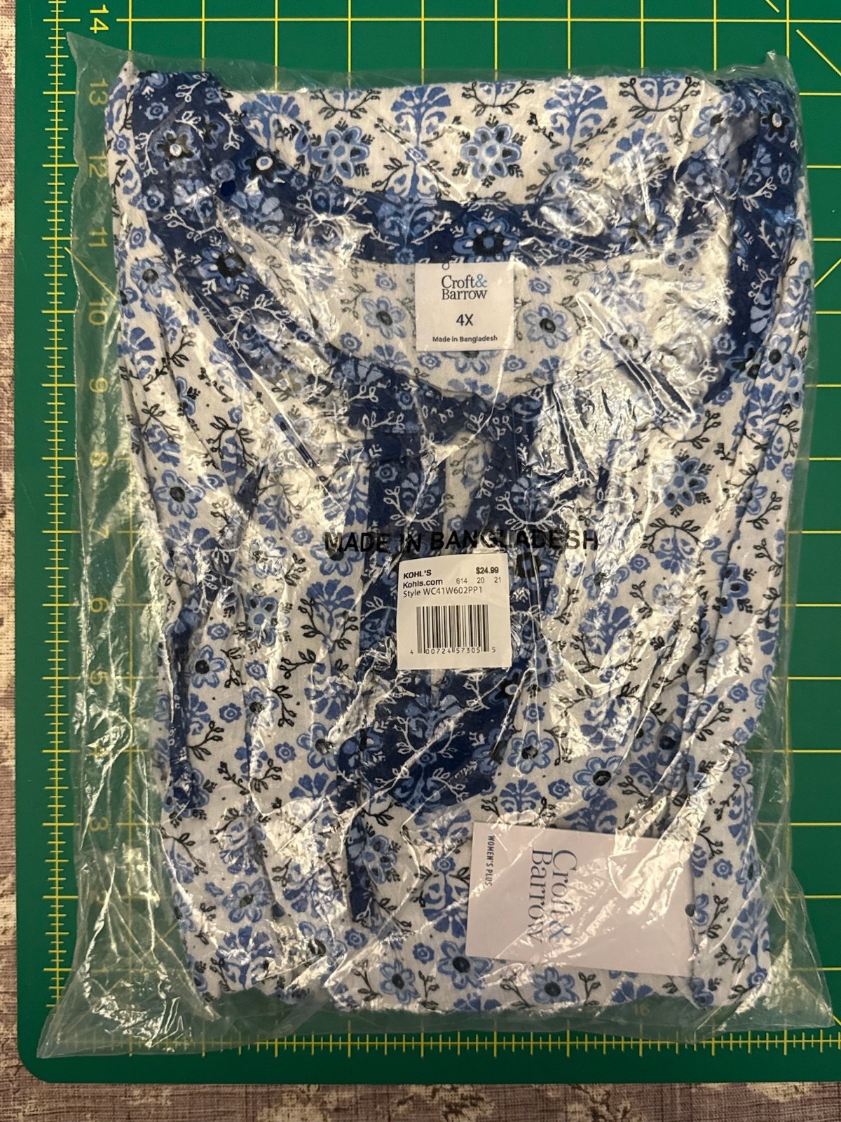 Croft & Barrow Blouse | Blue White Floral | Button Front Shirt | Womens 4X | NWT