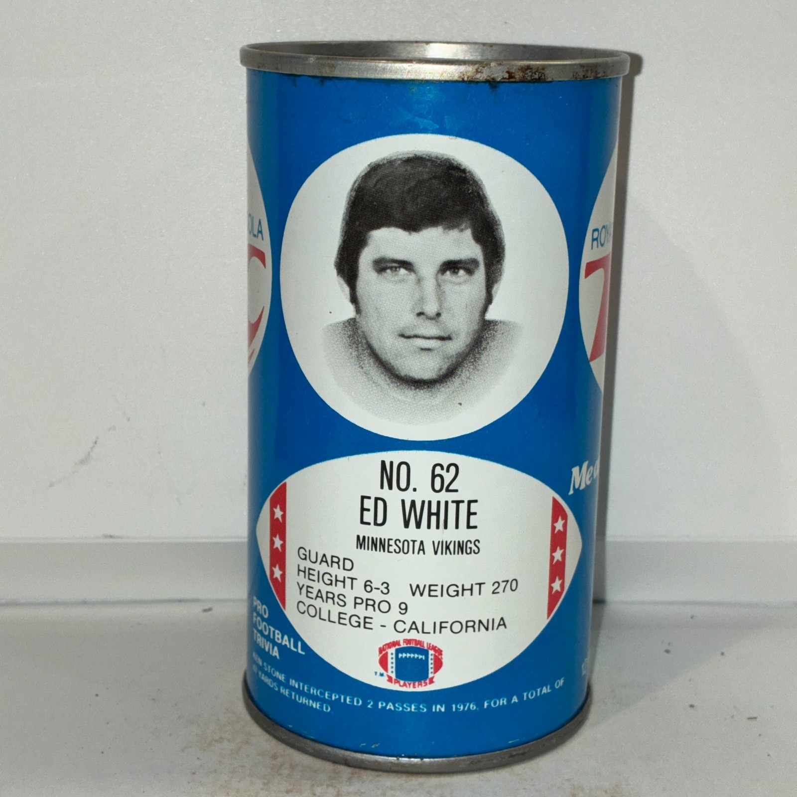 RC Cola Ed White soda can, Minnesota Vikings, NFL Football, bottom opened