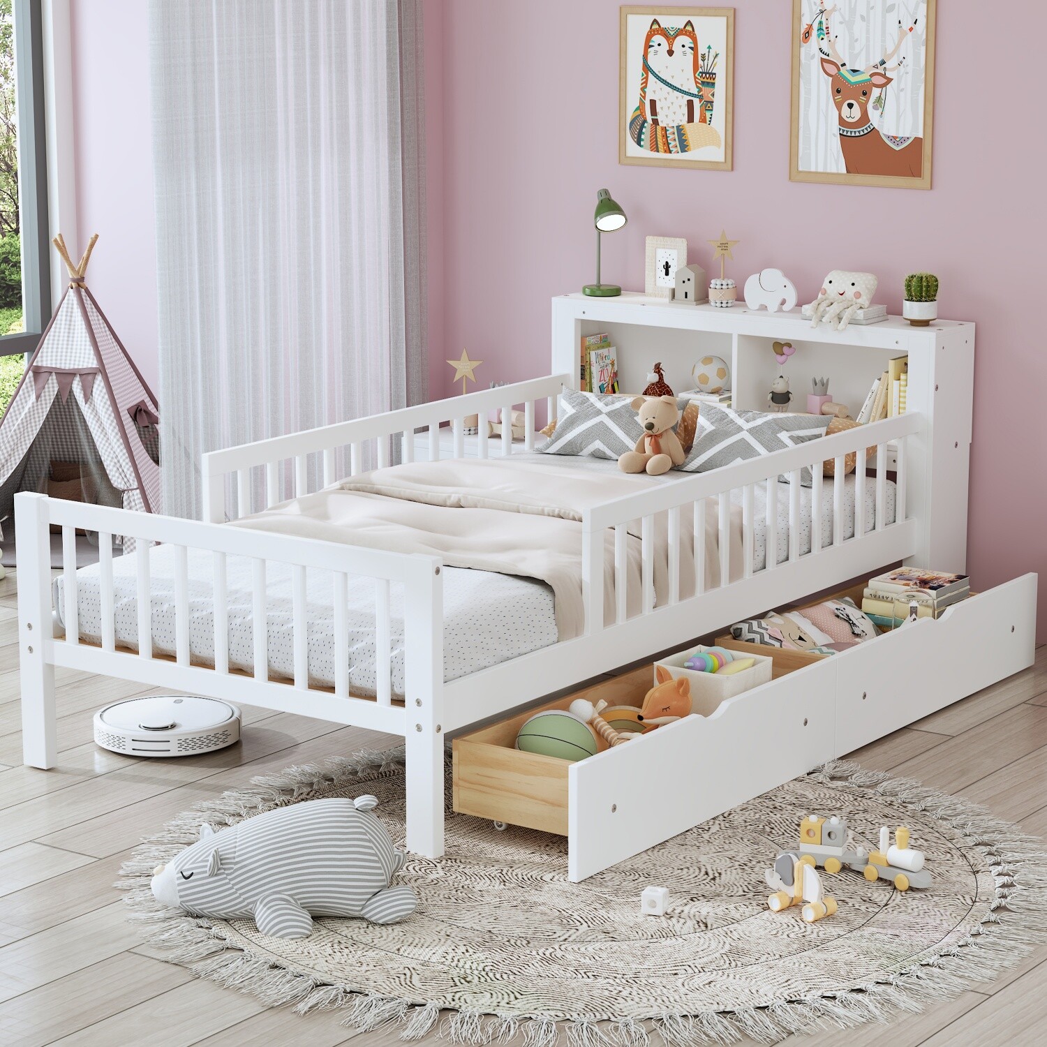 Twin Size Bed Frame Wood Platform Bed Frame with 2 Drawers & Storage Headboard