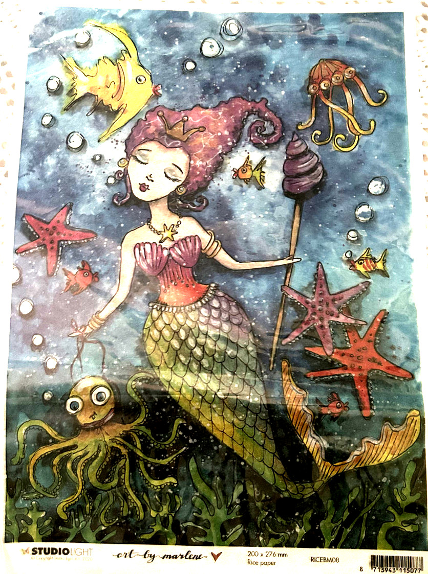 Art by Marlene: Mermaid Rice Paper, stamps: Mermaid, Lantern, Camel, Bikini girl