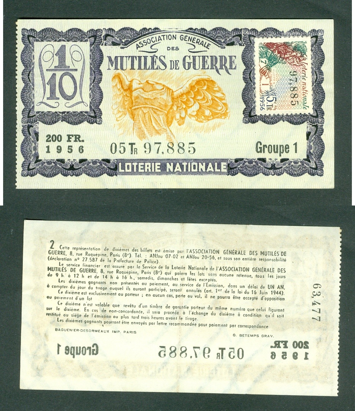 France. 1956 Lottery Ticket. Lottery Nationale. Angel. Mutiles De Guerre. 200 Fr