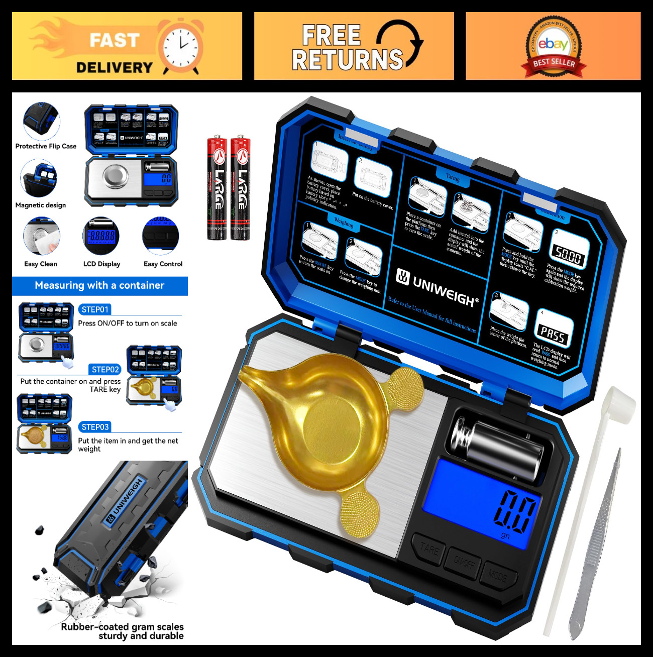 Precision Digital Reloading Scale 1500 Grains x 0.1gn | LCD Powder Scale, Tare &