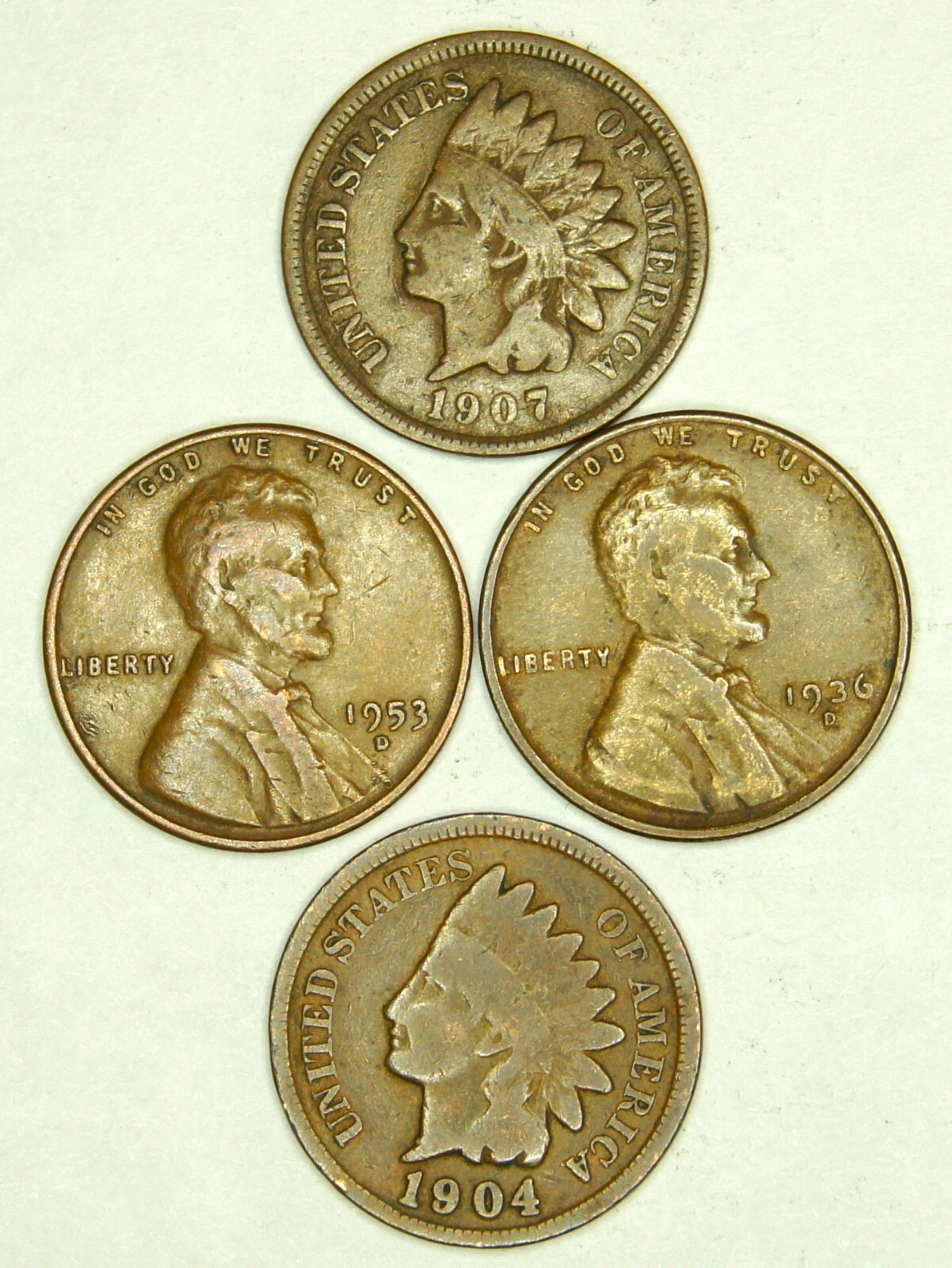Indian Head Penny, Lincoln Wheat Cent - 4 coin lot