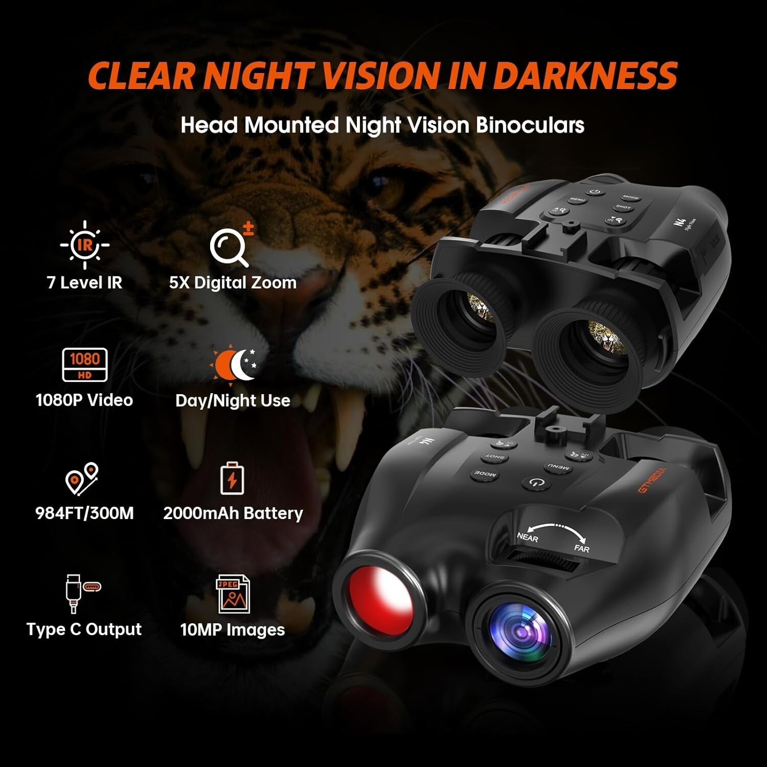 Night Vision Goggle Head Mounted Hands Free Infrared Night Vision Binoculars USB