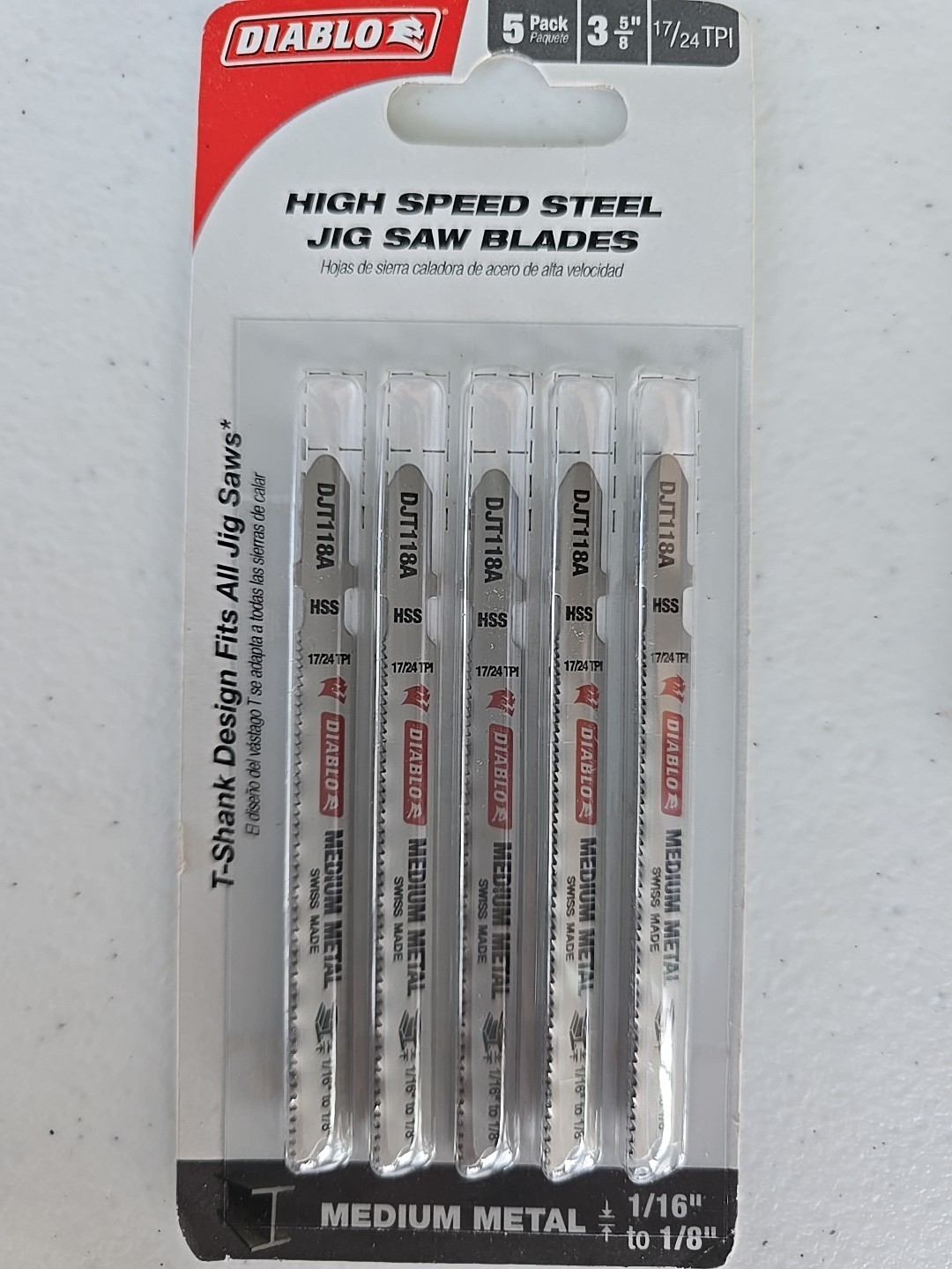 Diablo 3-5/8" High Speed Steel T-Shank Medium Metal Jig Saw Blade 17/24 TPI 5pk