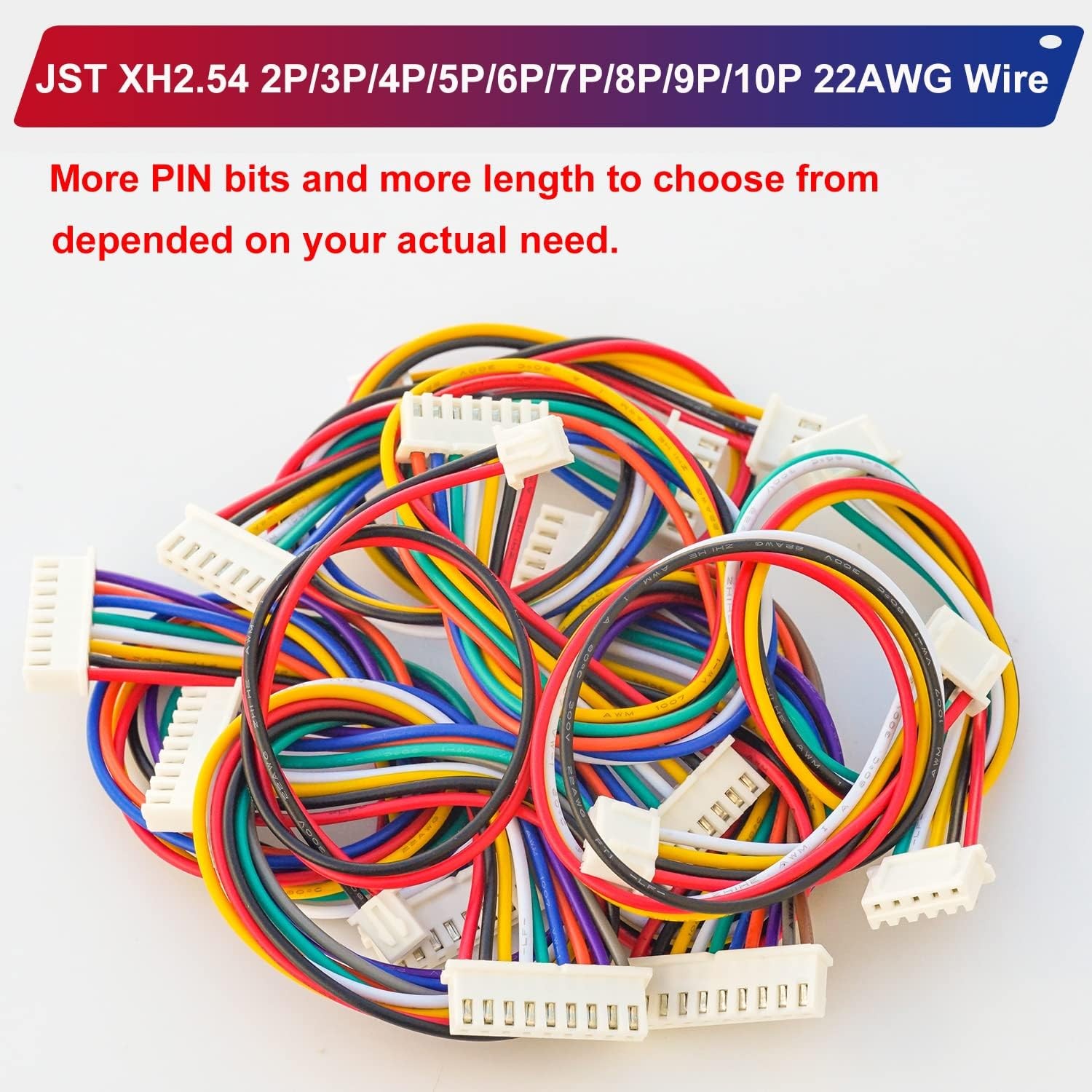 XH 2.54mm JST Connector with 22AWG Pre-Crimped Wire,JST 10CM, XH-Male-2Pin