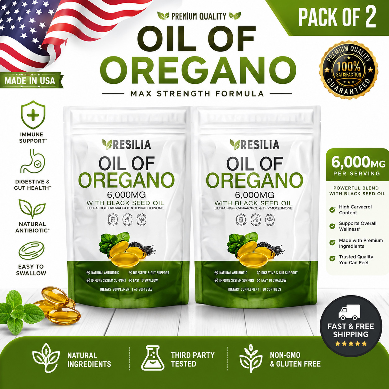 2 Sealed Resilia Oil Of Oregano 6,000 Mg, With Black Seed Oil, 60 Softgels Each