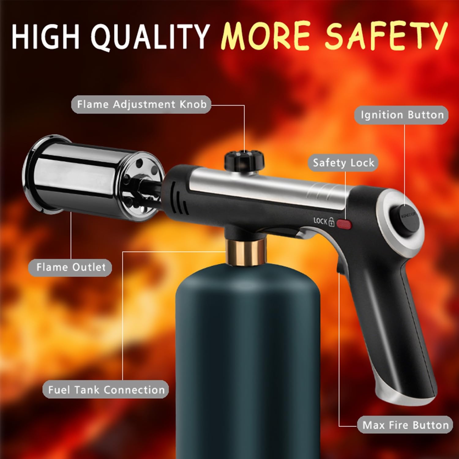 Propane Torch with One-Touch Max Fire, Safety Lock Adjustable, Cooking Blow T...