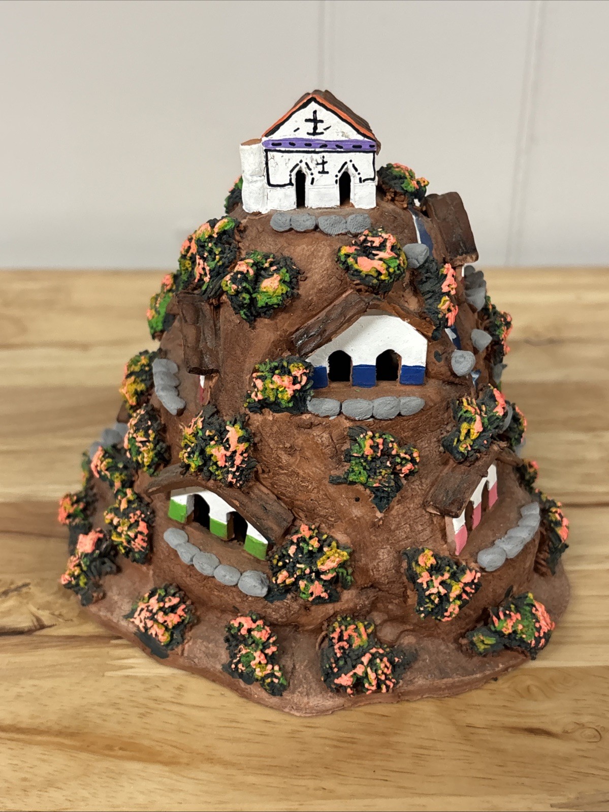 Vintage Peruvian Folk Art Clay Village Church Mountain Hand Painted