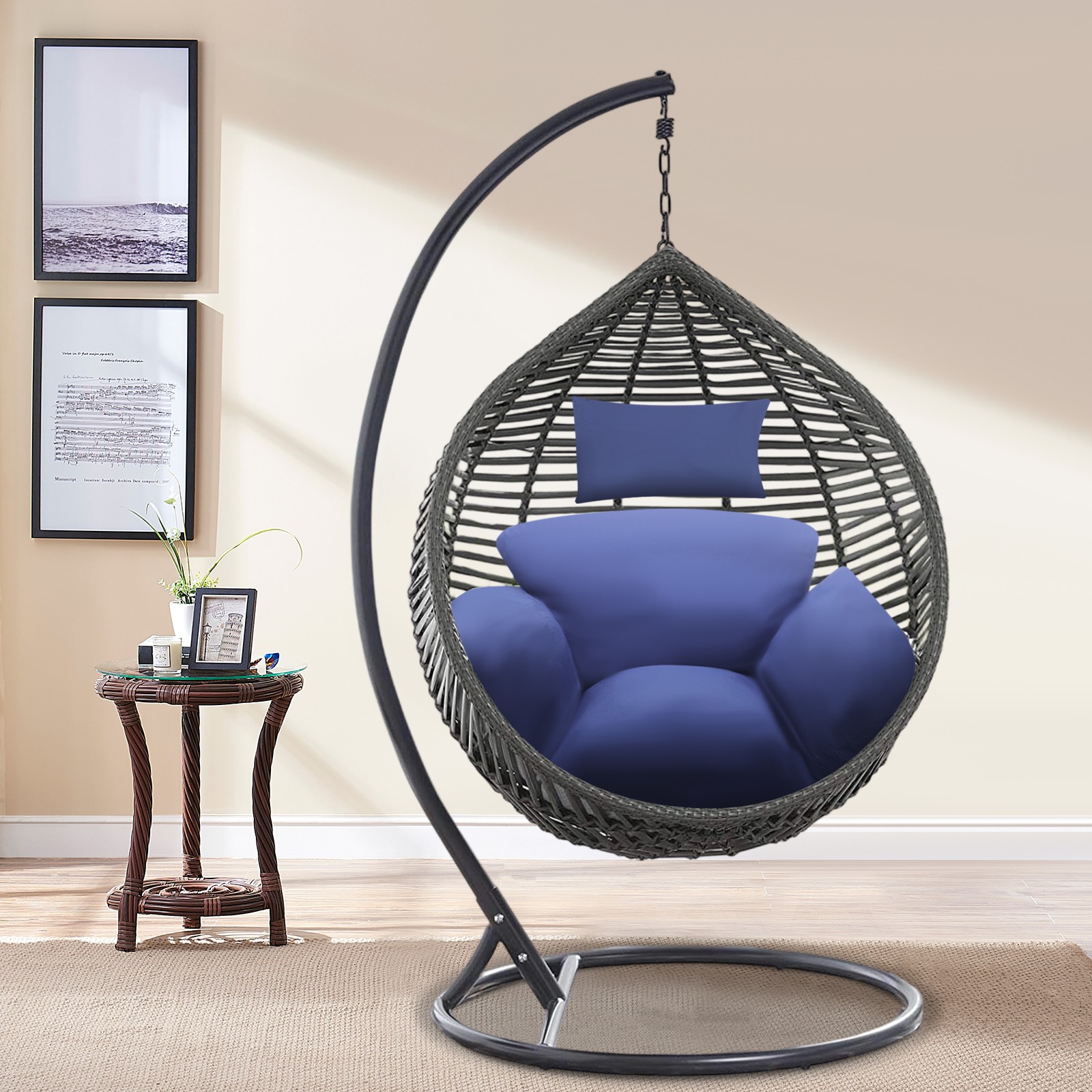 Dark Blue Egg Chair Cushion with Detachable Headrest Replacement Pad Washable