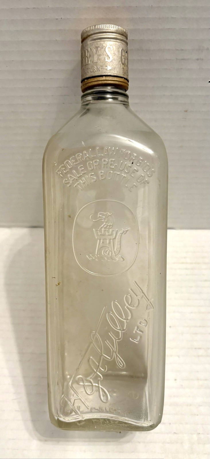 Vintage H & A Gilbey's Ltd. Frosted Glass Liquor Gin Bottle Metal Screw on Lid