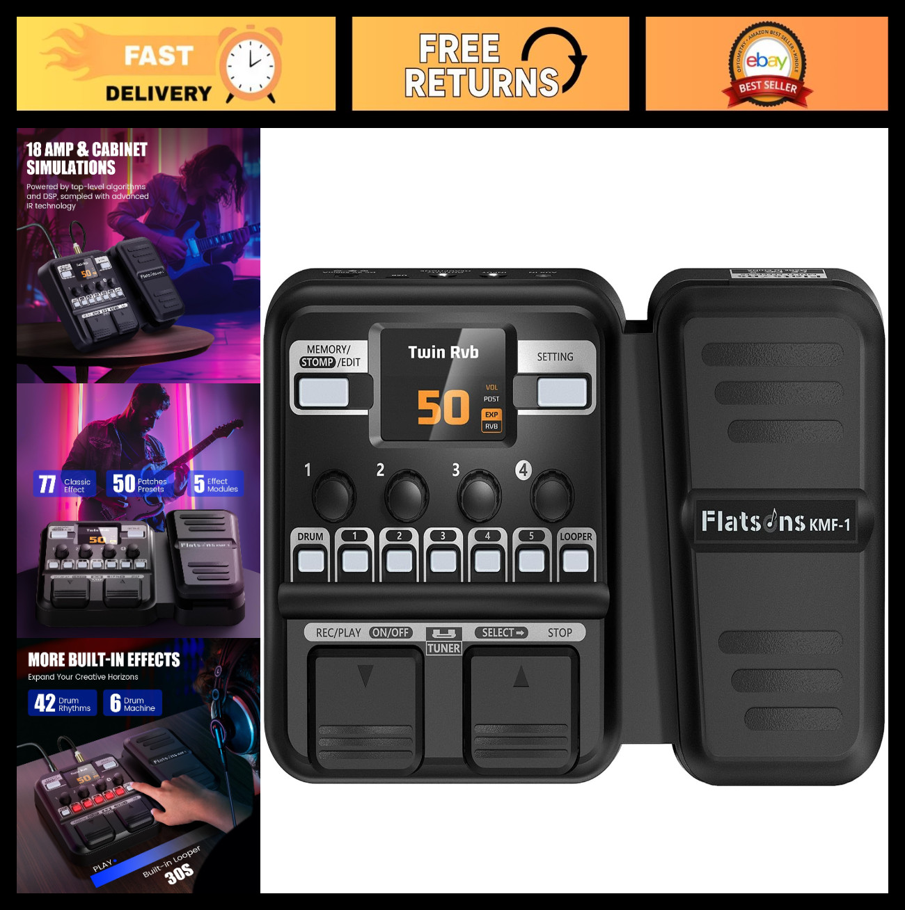 77 Effects Multi Guitar Pedal with 50 Presets, 42 Drum Rhythms, Color Screen, Tu
