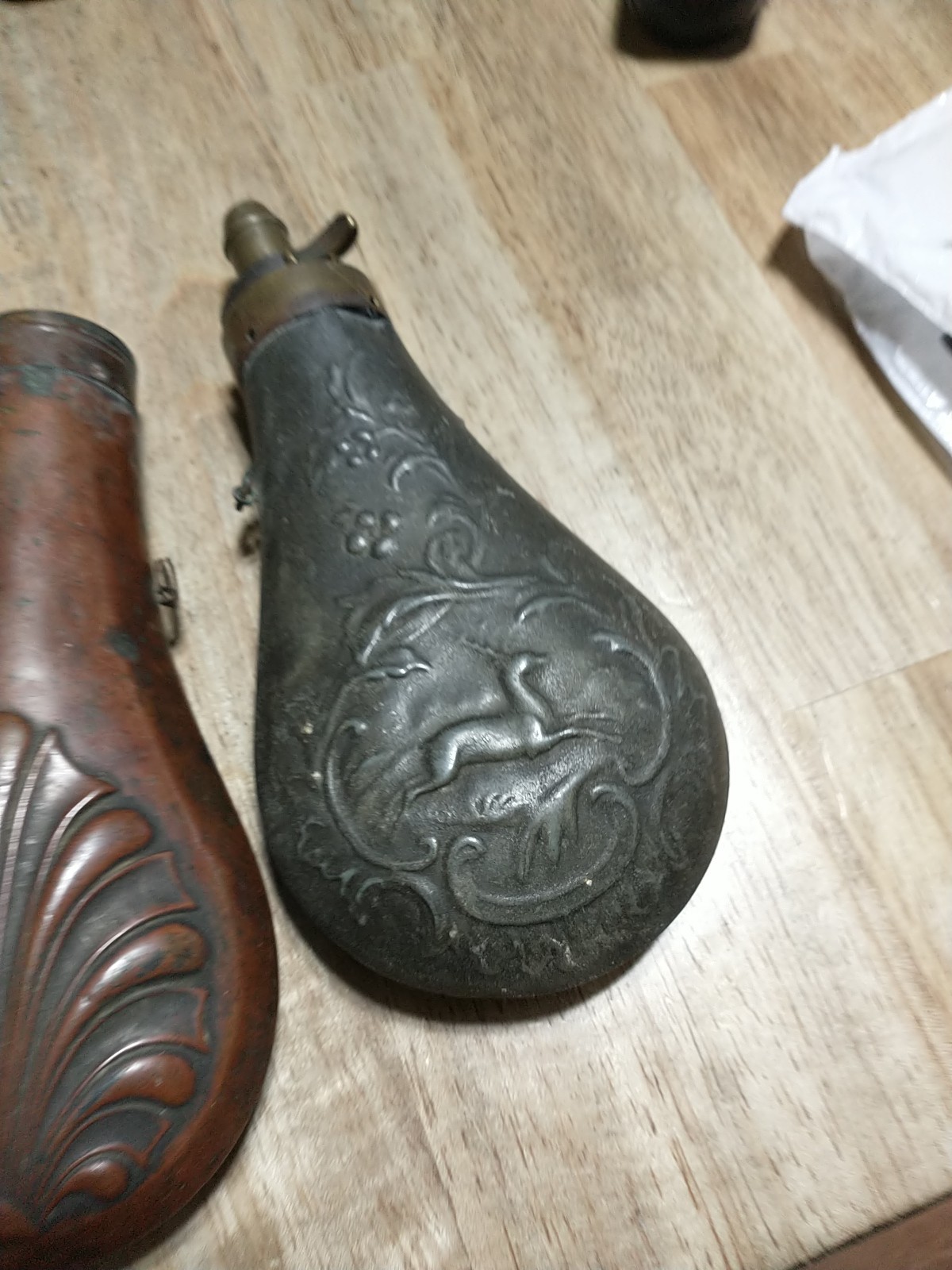 2 PCS Vintage Powder Flasks Shell & Acanthus Pattern & Running Deer FOR DISPLAY