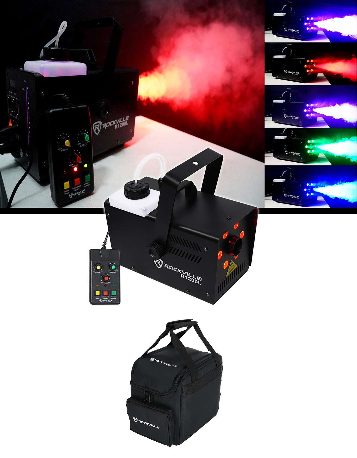 Rockville R1200L Fog/Smoke Machine w LED Lights/Strobe, DMX+2 Remotes+Carry Bag