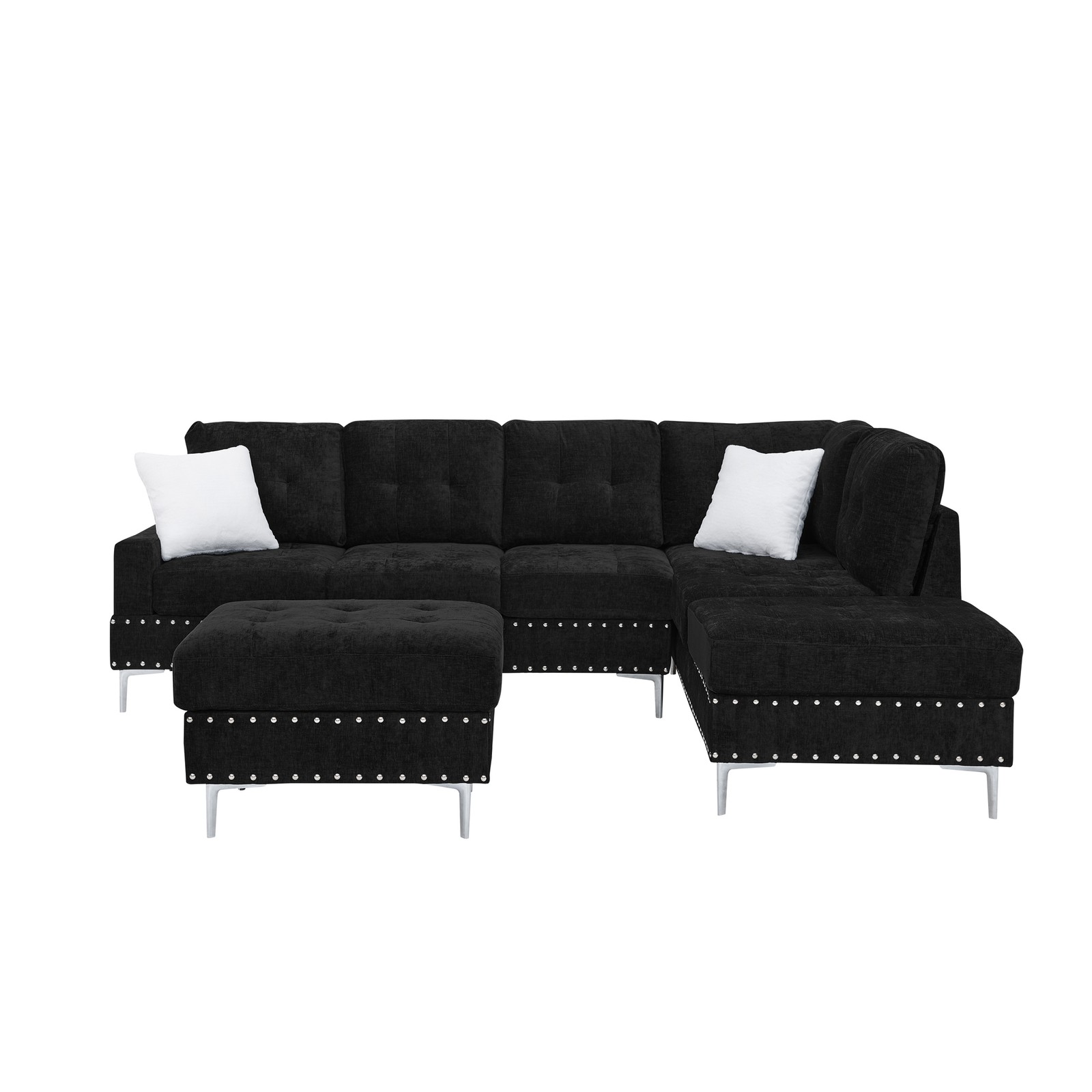 Sectional 3-Seaters Sofa with Chaise, Storage Ottoman, Metal Legs and Copper Na