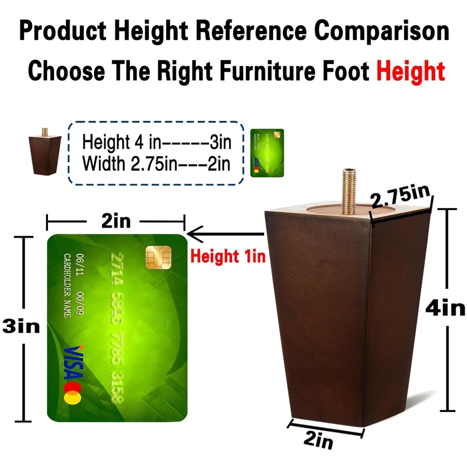4 Inch Wood Furniture Legs Set of 4, Square Brown Couch Legs