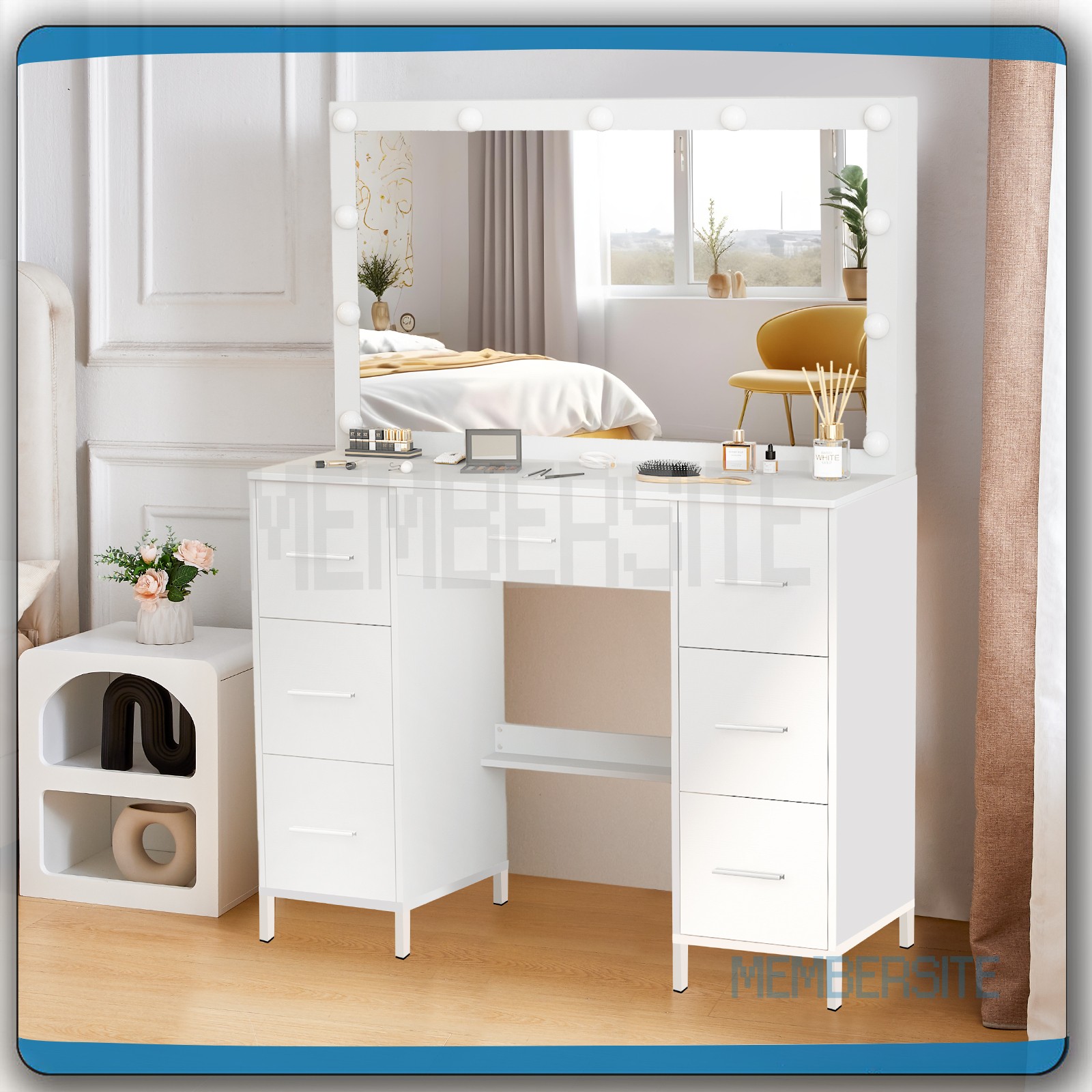 Vanity Desk Set With Large Mirror Makeup Dressing Table w/ 7 Drawers & Bar Pull
