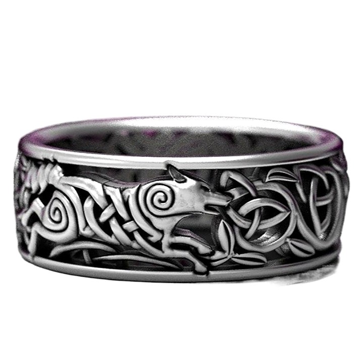 Men's Viking Wolf Ring Norse Fenrir White Gold Plated Band Punk Jewelry Sz 7-12