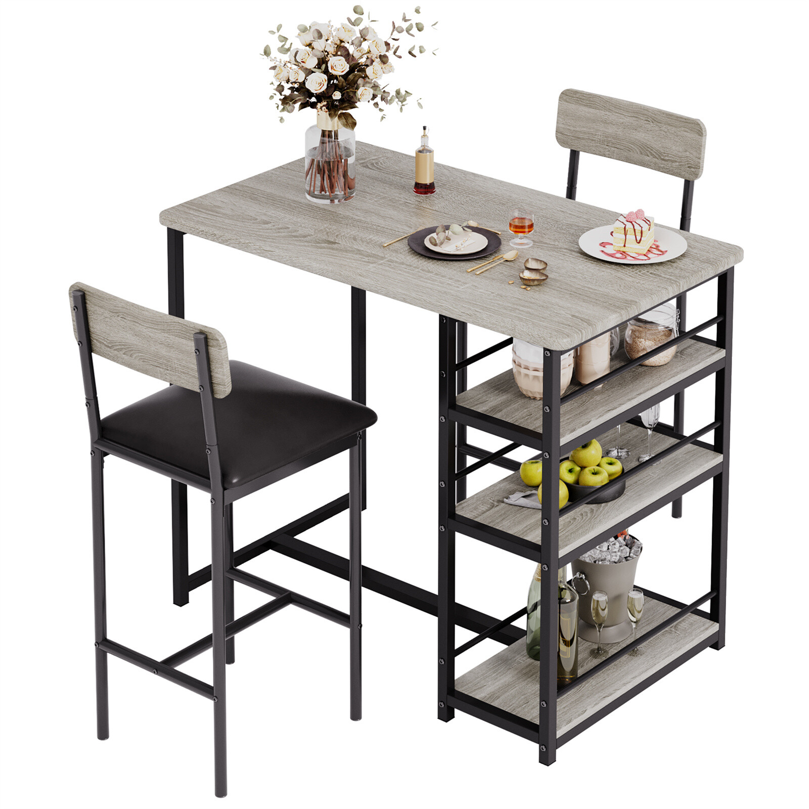 Dining Table Kitchen Table Set with 2 Upholstered Chairs 3 Large Storage Shelve