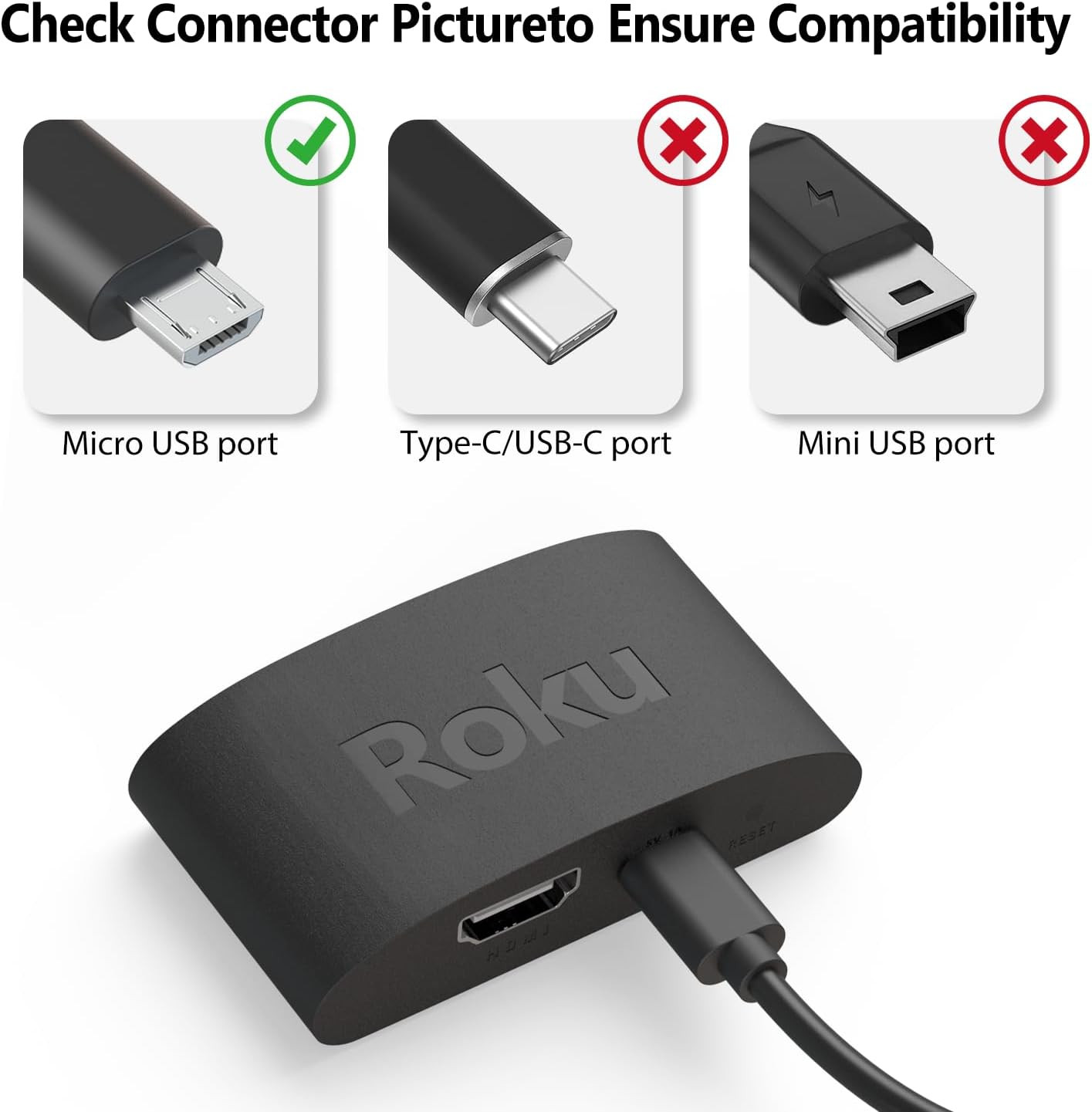 Micro USB Power Cord for Roku Streaming Stick, Roku Express Plus, Roku Premier/P