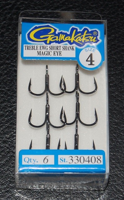 6 Pack Gamakatsu 330408 Extra Wide Gap EWG Short Shank Treble Hooks Size 4