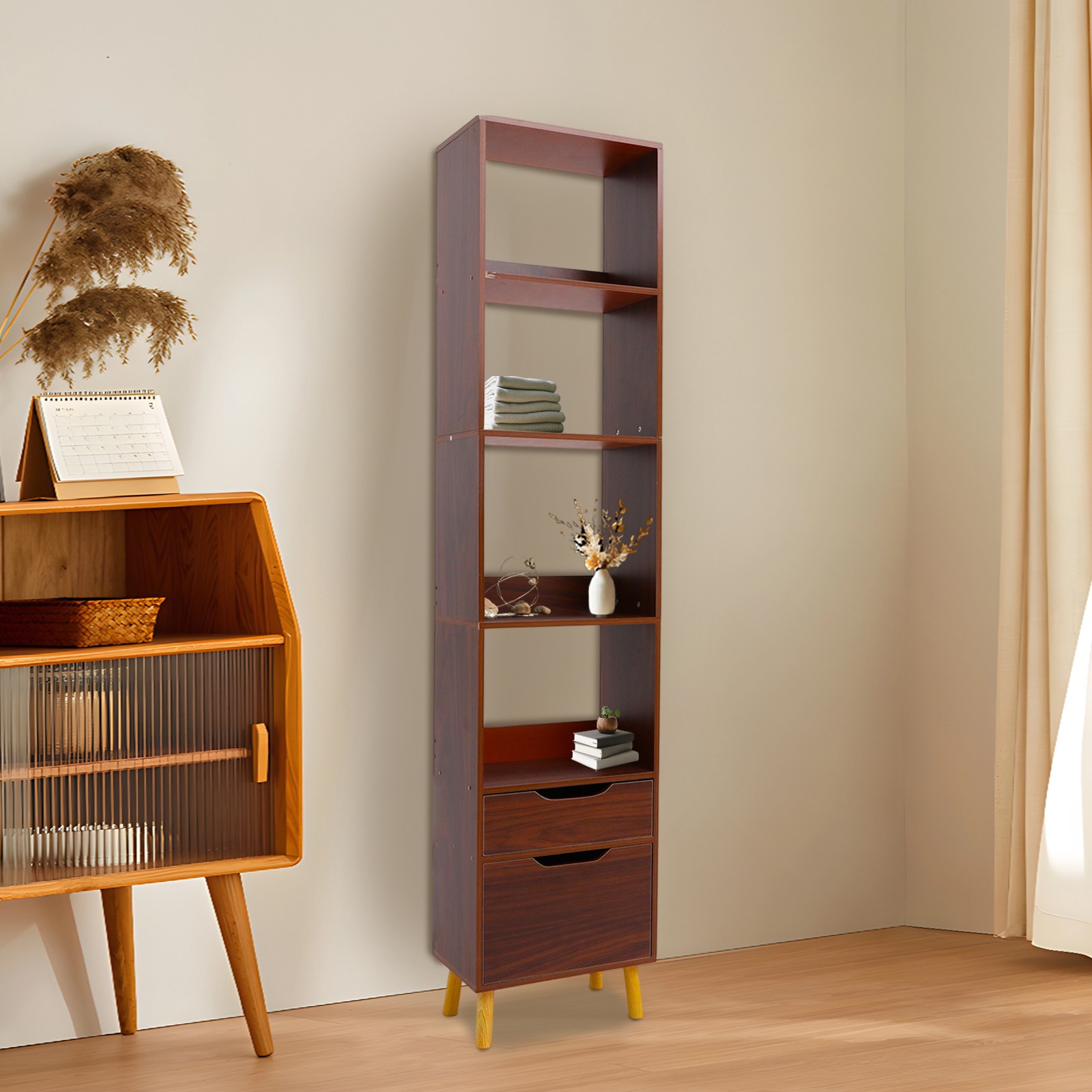 Walnut Standing Storage Shelf Freestanding Storage Rack Tall Open Bookshelf