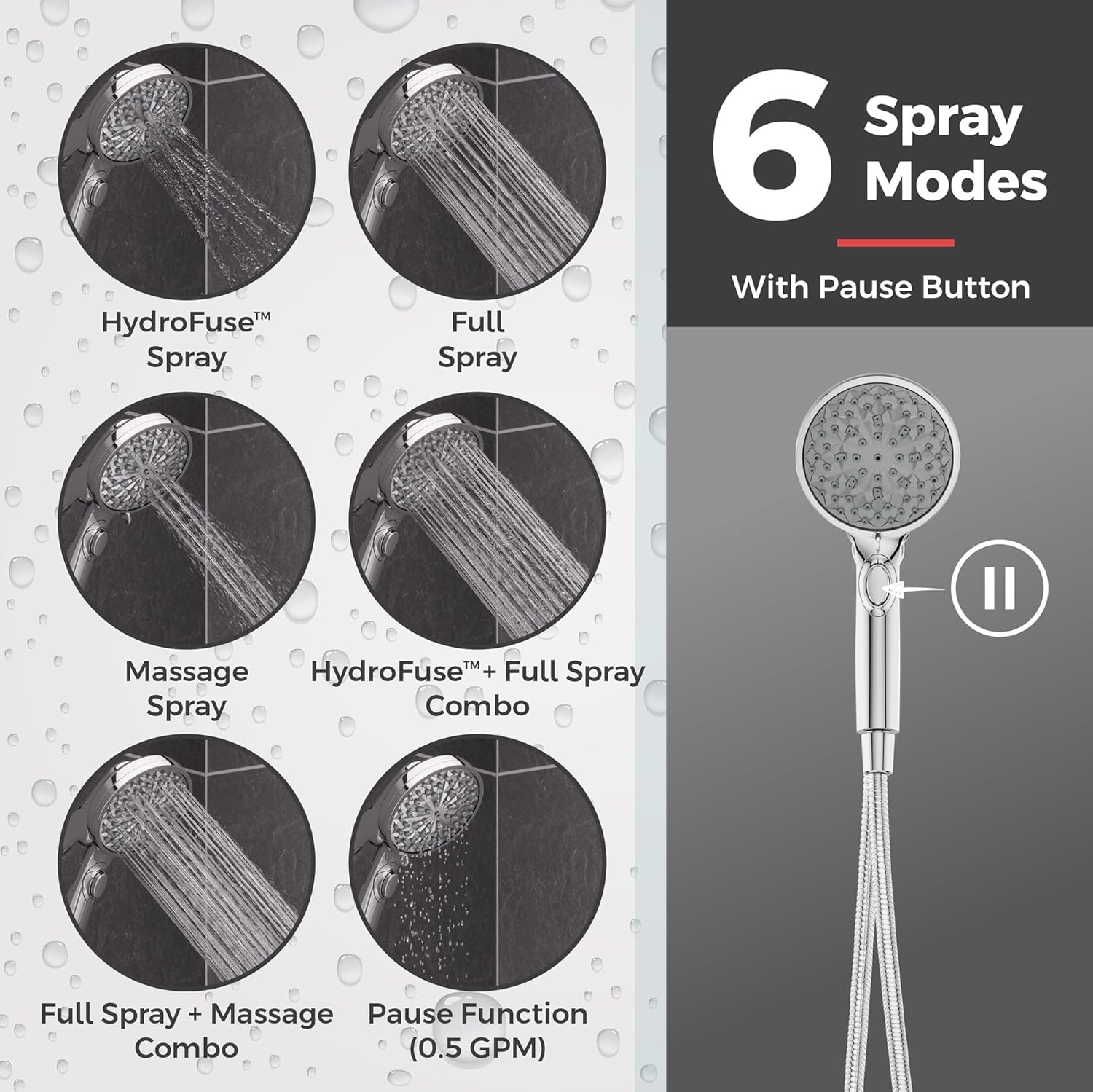HydroFuse Handheld Shower Head with Magnetic Docking 6-Function High Pressure