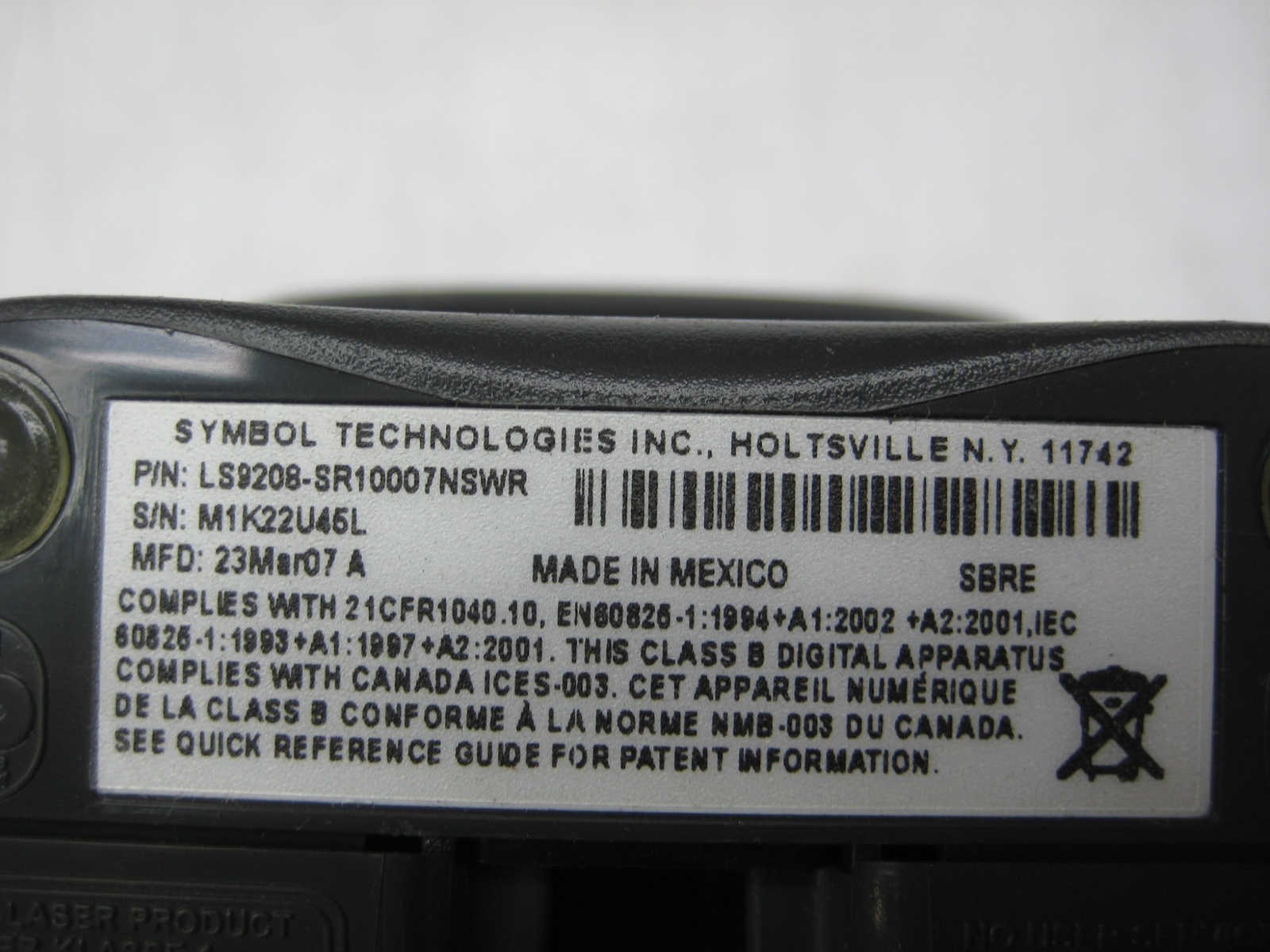 SYMBOL LS9208-SR10007NSWR BARCODE SCANNER NSNP